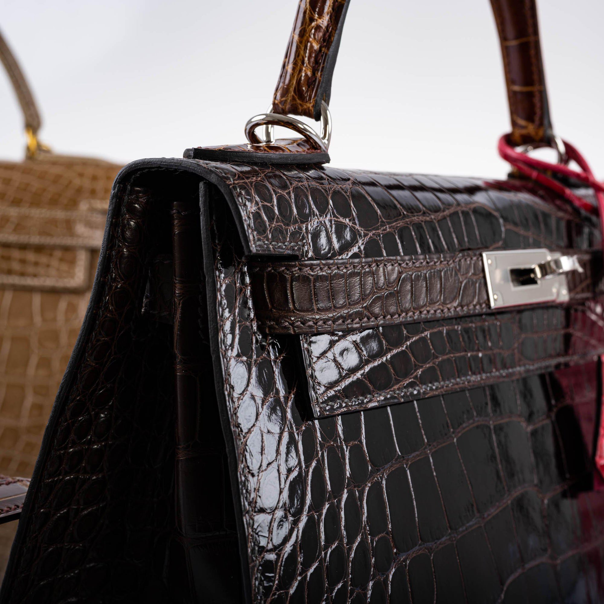 Hermès Kelly 28 Sellier Macassar, Ebene, Miel and Rose Extreme Alligator Palladium Hardware