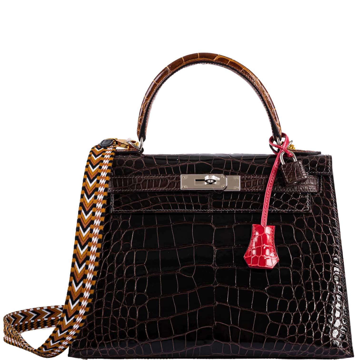 Hermès Kelly 28 Sellier Macassar, Ebene, Miel and Rose Extreme Alligator Palladium Hardware