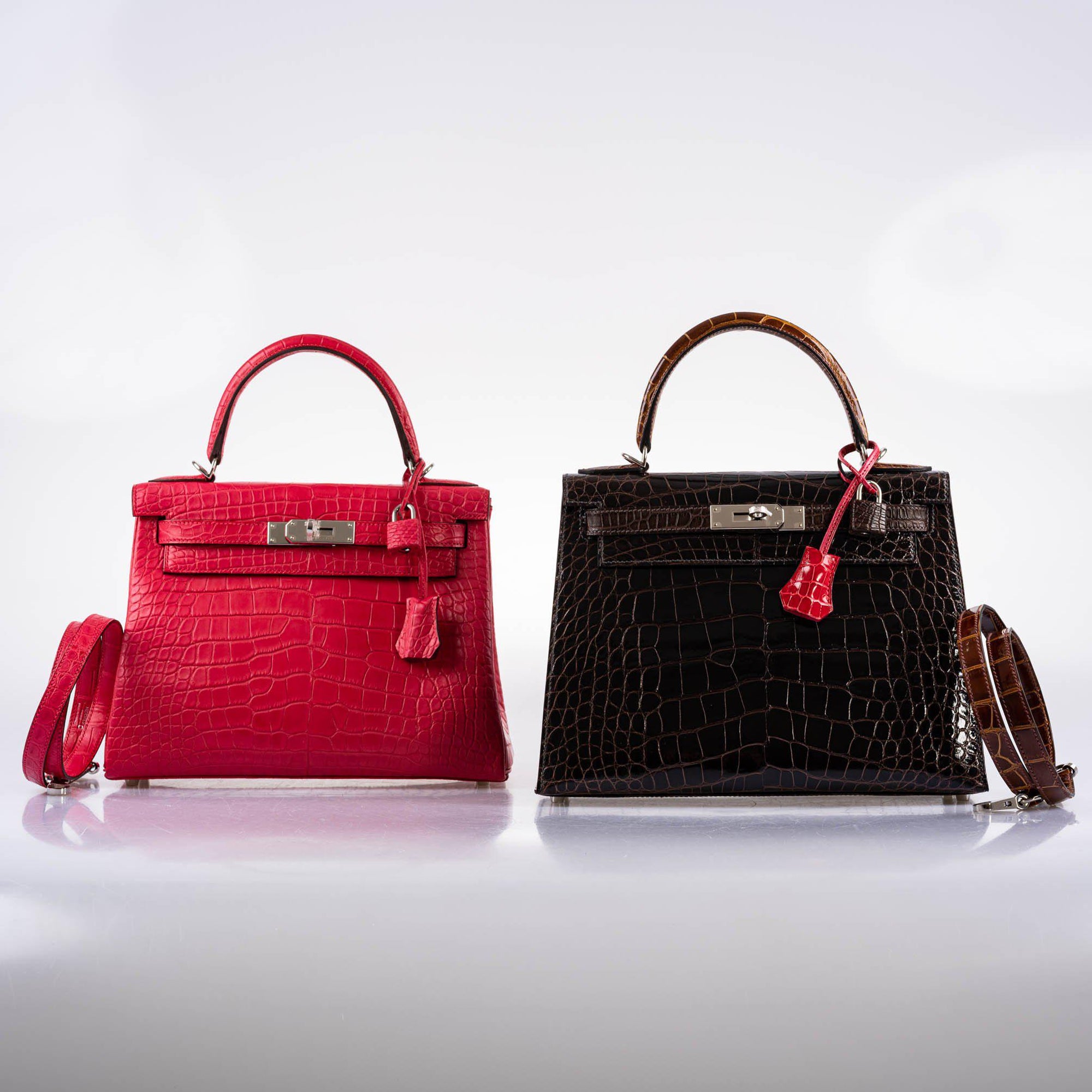Hermès Kelly 28 Sellier Macassar, Ebene, Miel and Rose Extreme Alligator Palladium Hardware