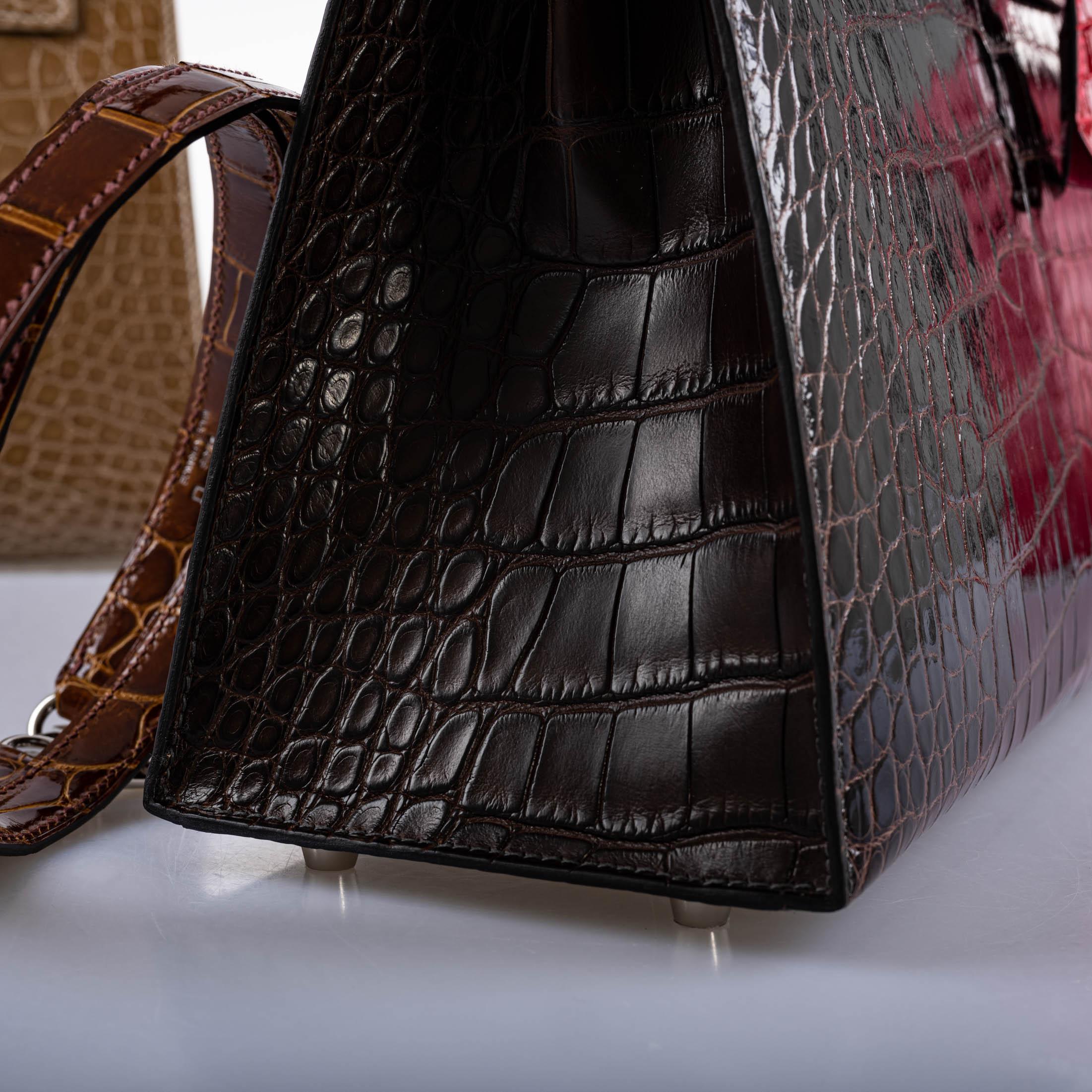 Hermès Kelly 28 Sellier Macassar, Ebene, Miel and Rose Extreme Alligator Palladium Hardware
