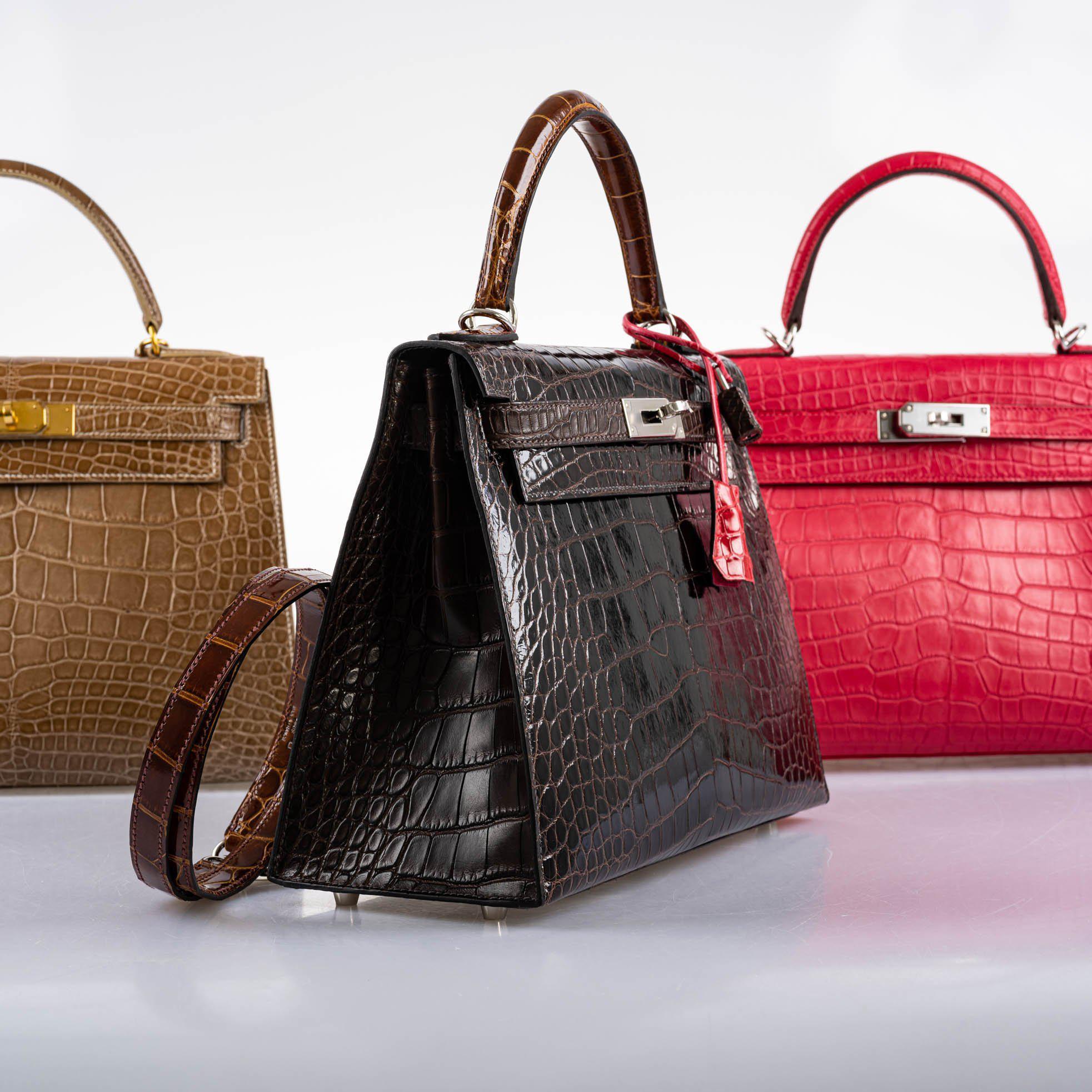 Hermès Kelly 28 Sellier Macassar, Ebene, Miel and Rose Extreme Alligator Palladium Hardware