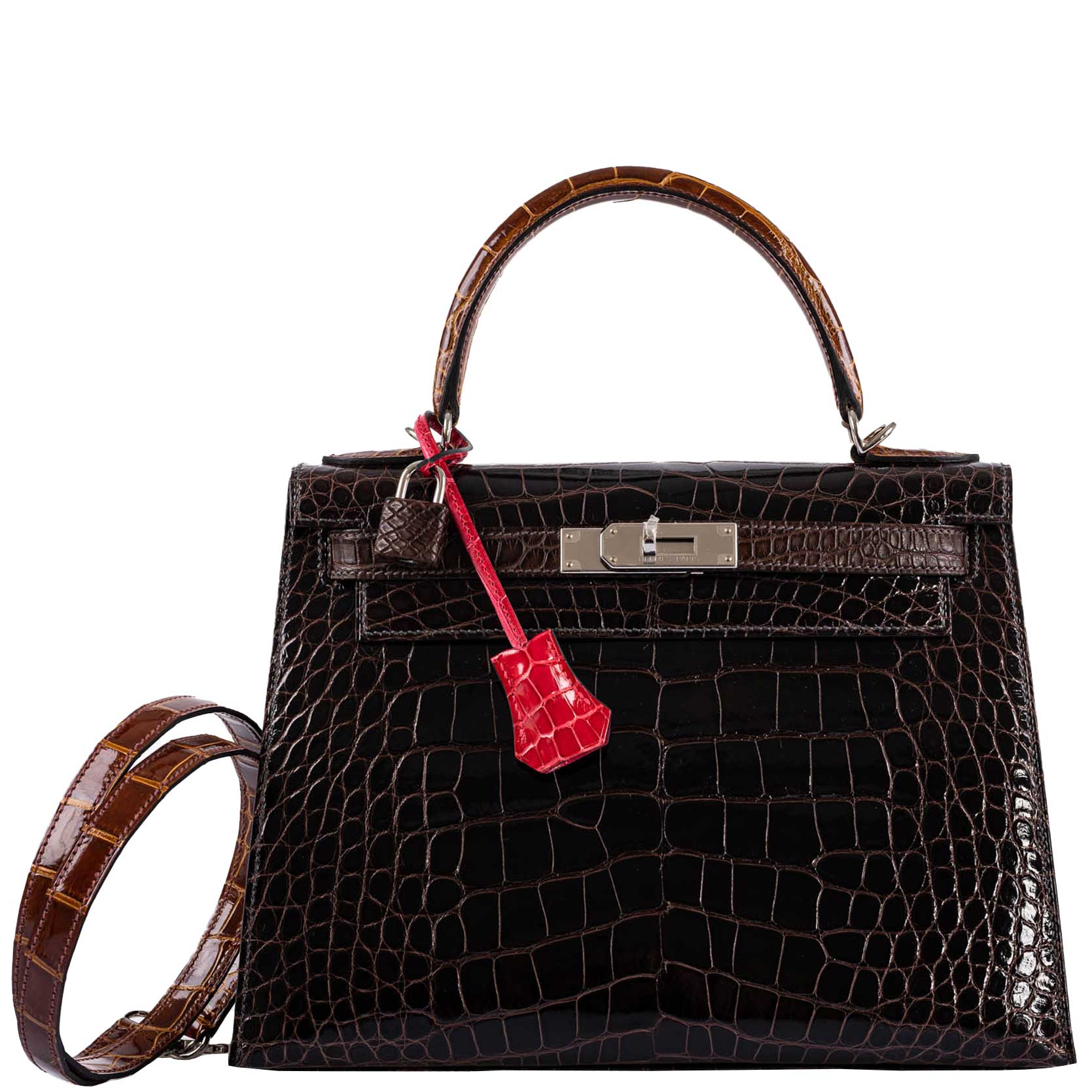 Hermès Kelly 28 Sellier Macassar, Ebene, Miel and Rose Extreme Alligator Palladium Hardware