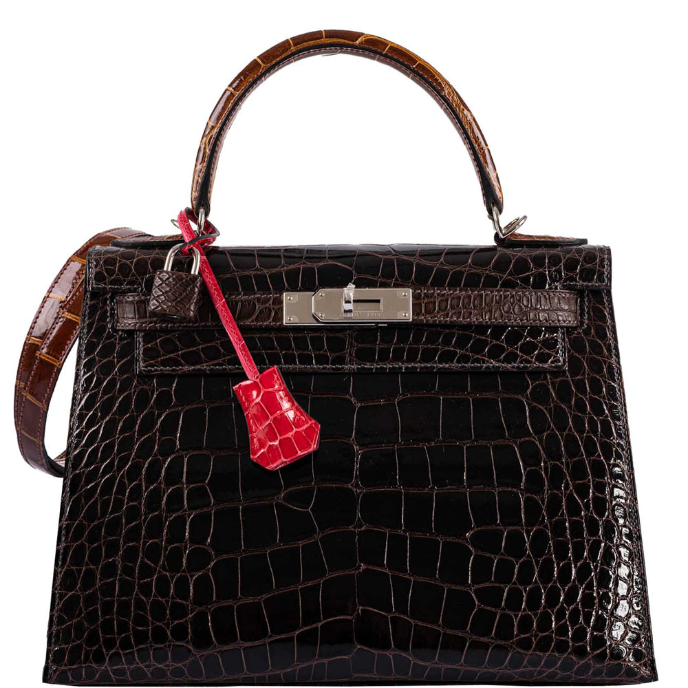 Hermès Kelly 28 Sellier Macassar, Ebene, Miel and Rose Extreme Alligator Palladium Hardware