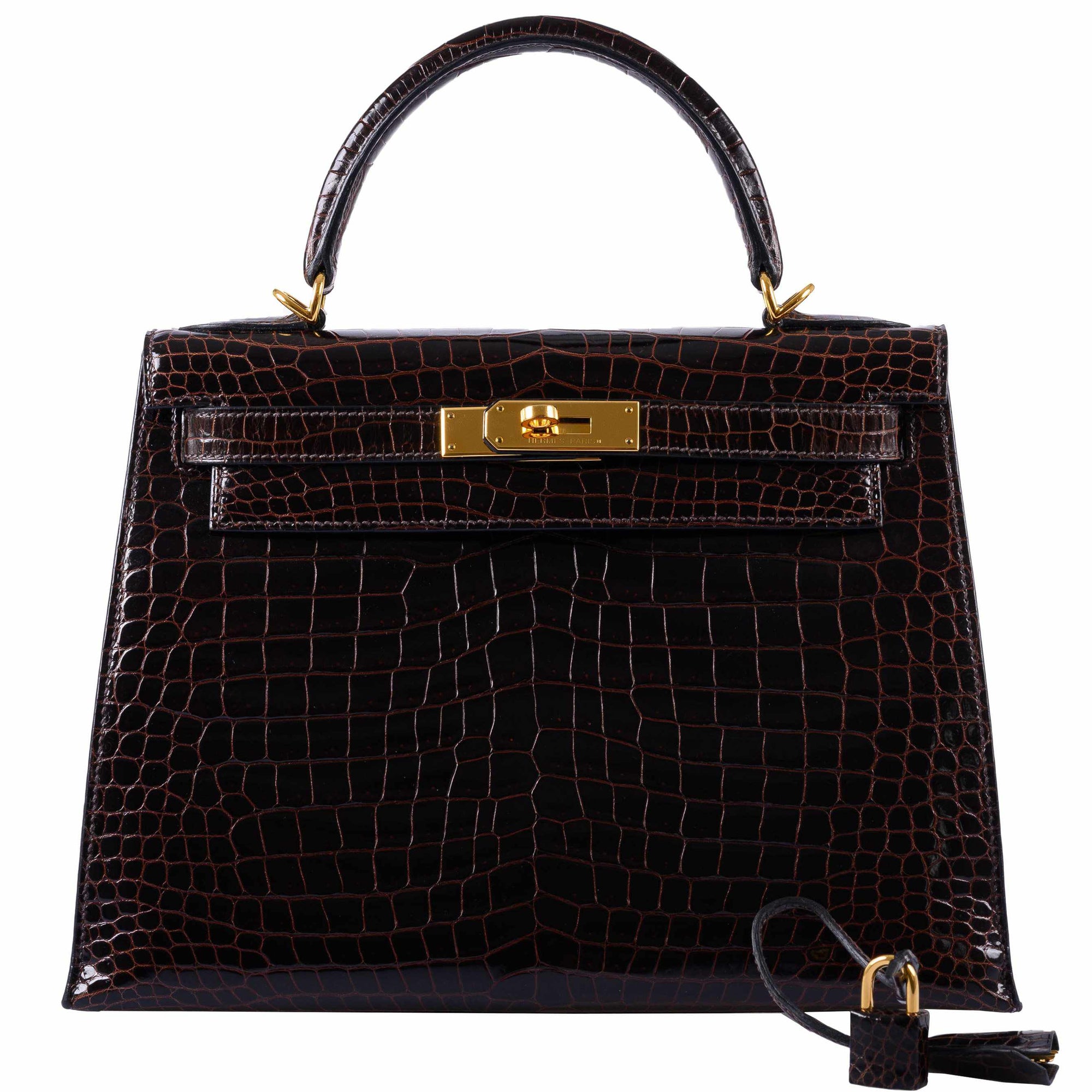 Hermès Kelly 28 Sellier Marron Foncé Shiny Porosus Crocodile Gold Hardware