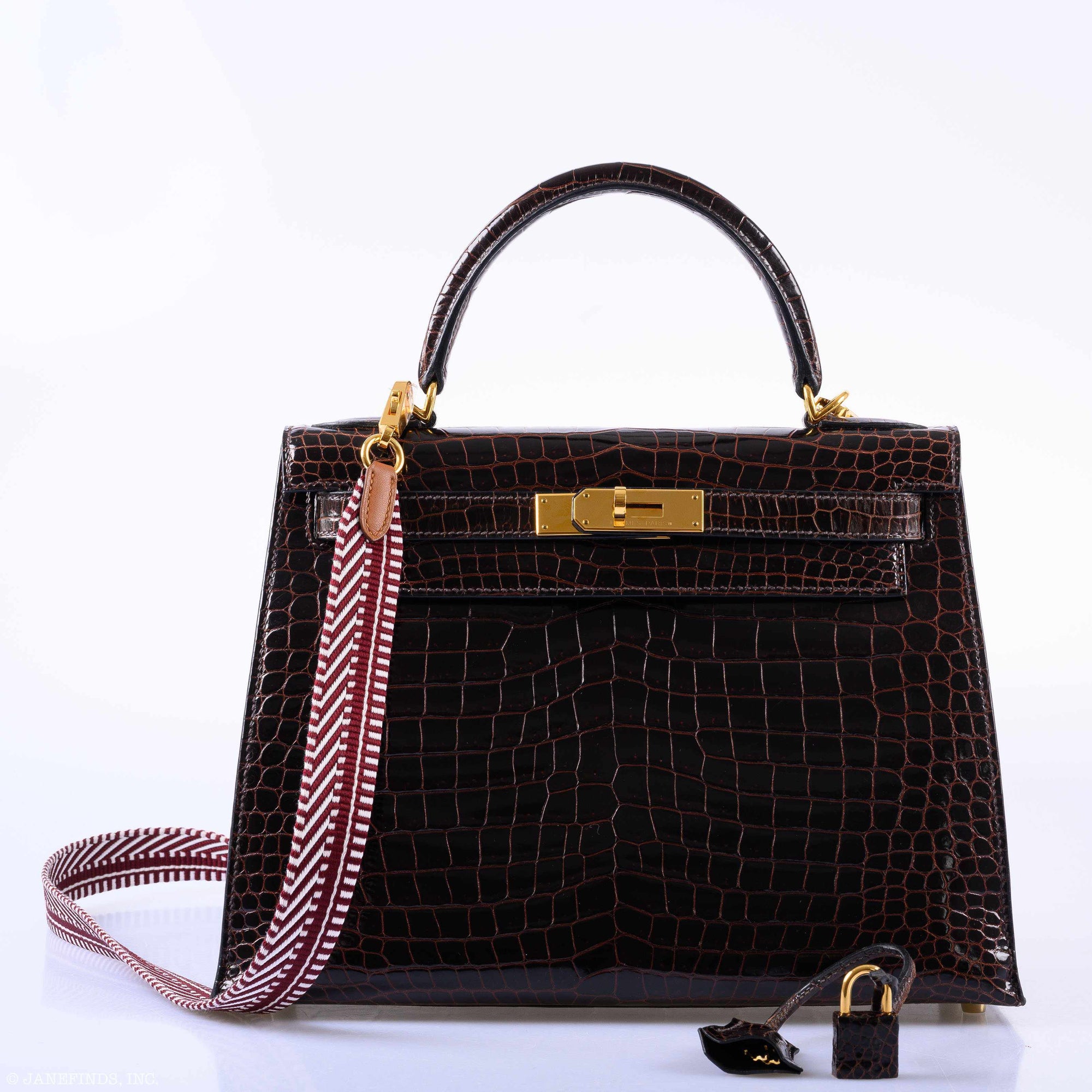 Hermès Kelly 28 Sellier Marron Foncé Shiny Porosus Crocodile Gold Hardware