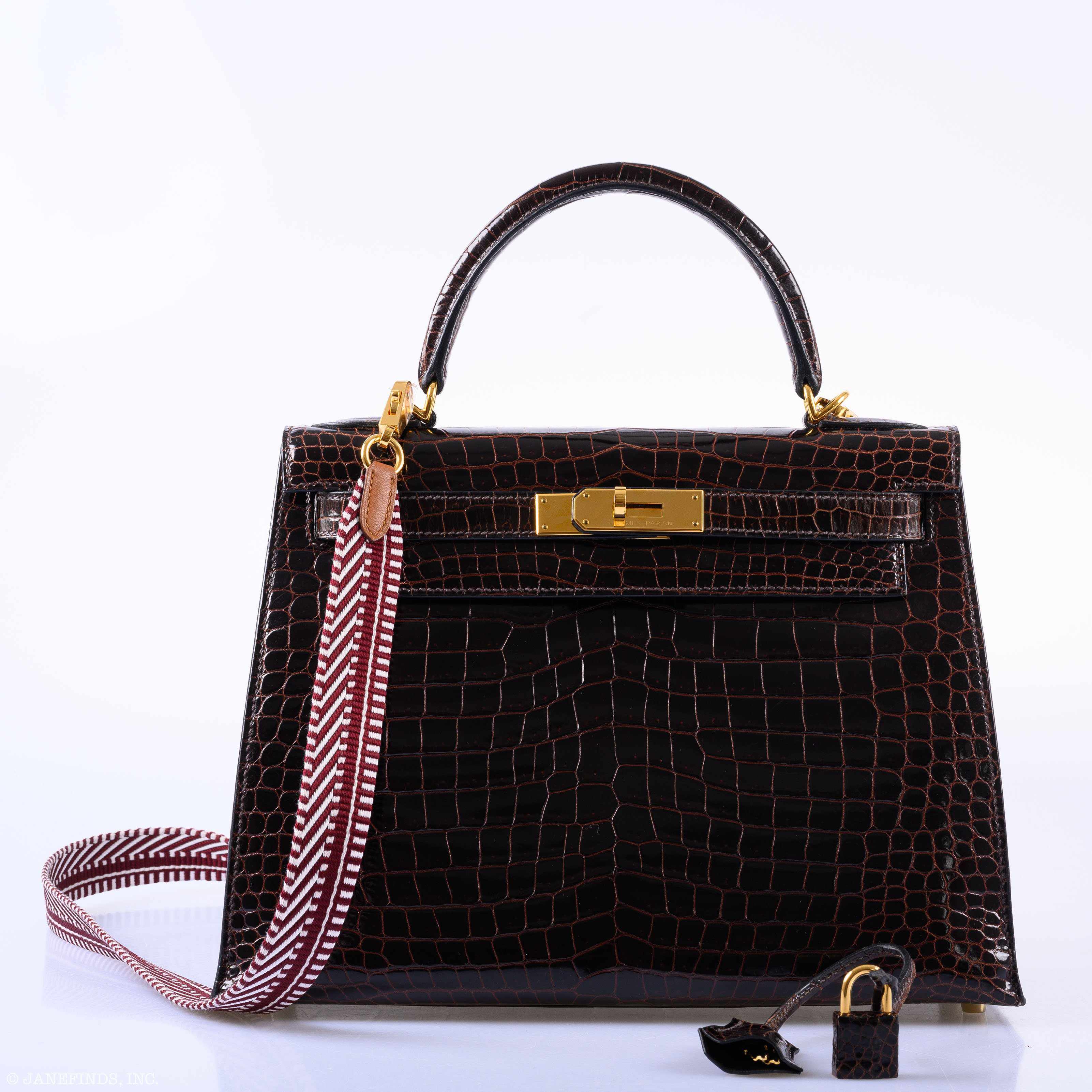 Hermès Kelly 28 Sellier Marron Foncé Shiny Porosus Crocodile Gold Hardware