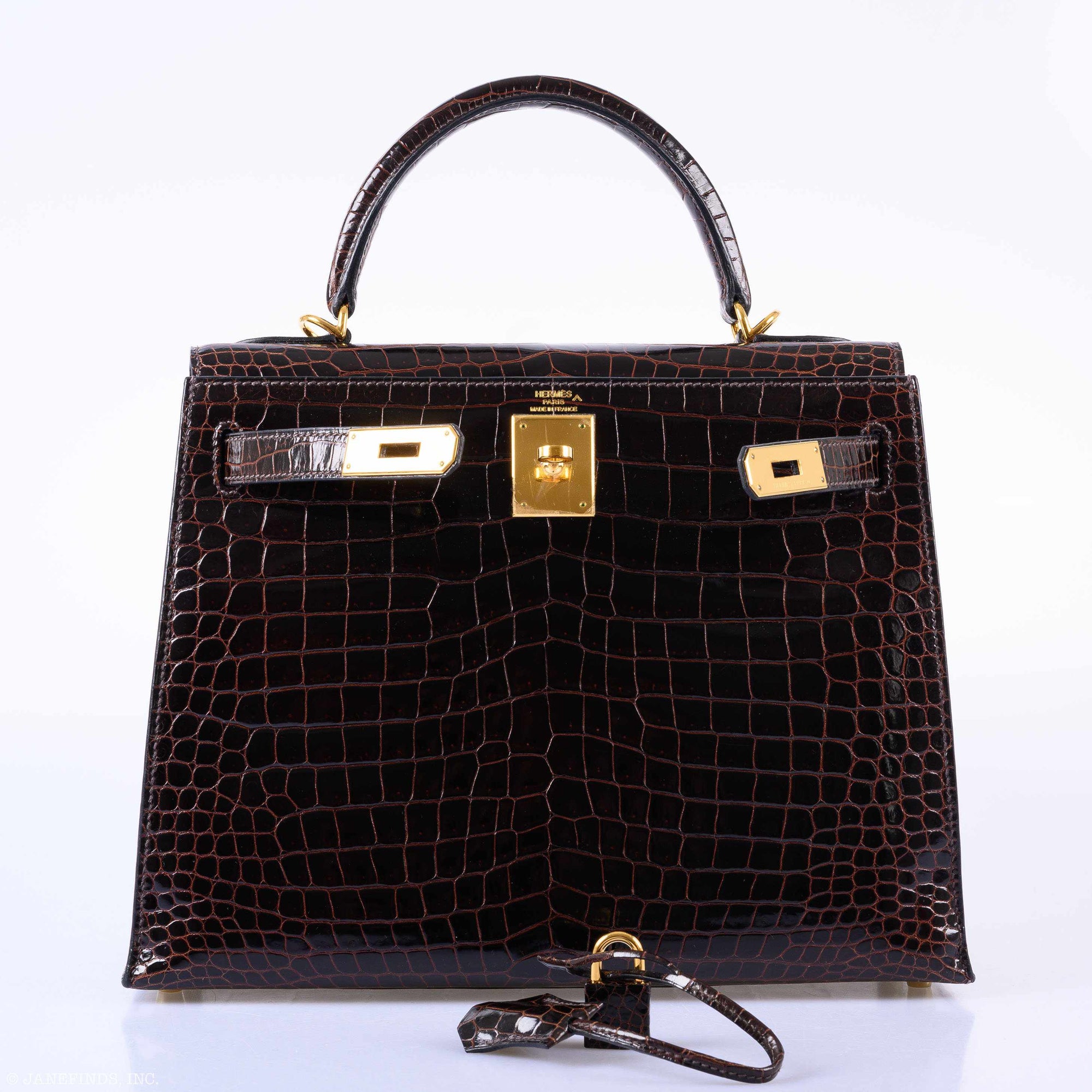 Hermès Kelly 28 Sellier Marron Foncé Shiny Porosus Crocodile Gold Hardware