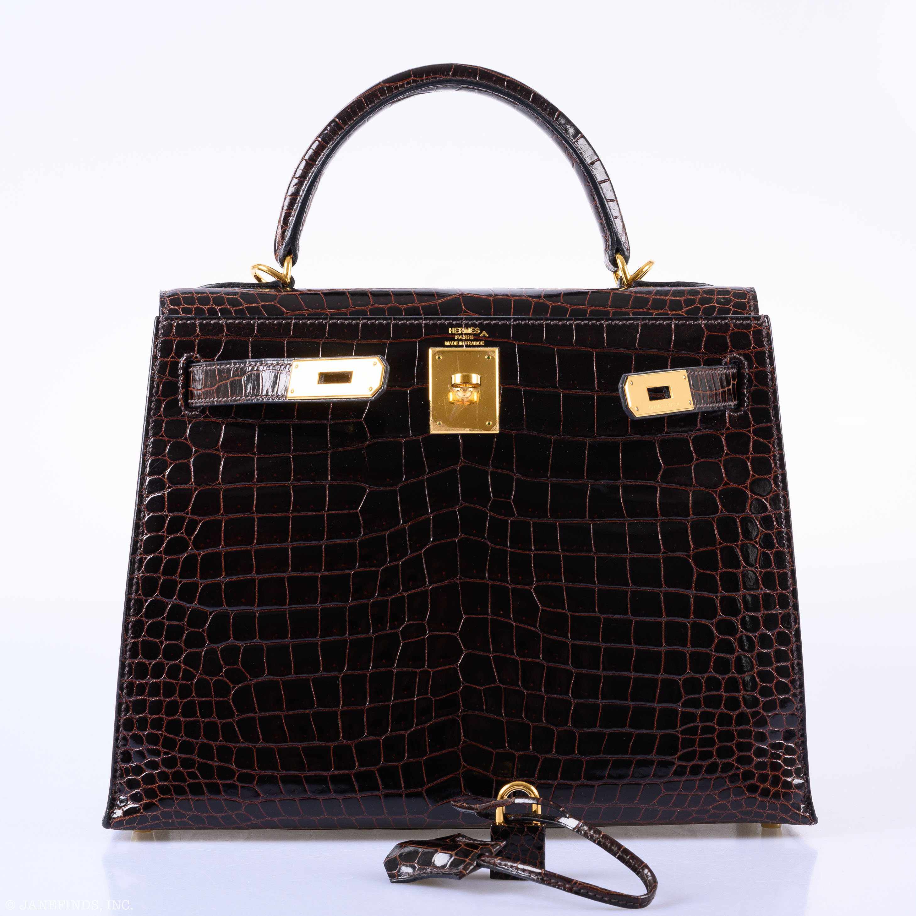 Hermès Kelly 28 Sellier Marron Foncé Shiny Porosus Crocodile Gold Hardware