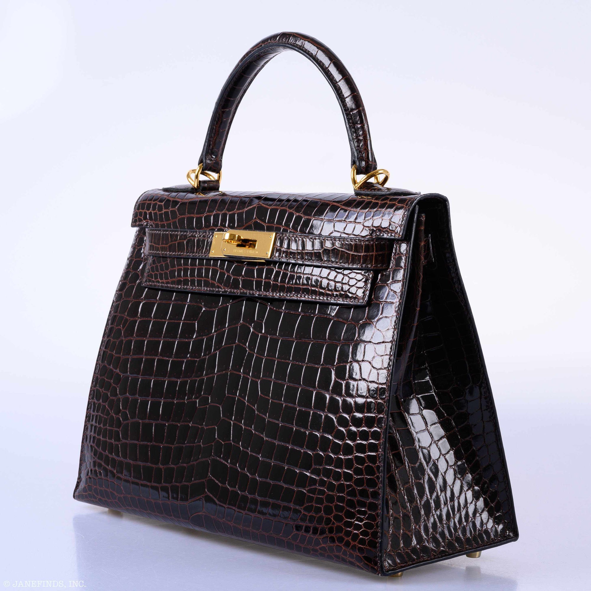 Hermès Kelly 28 Sellier Marron Foncé Shiny Porosus Crocodile Gold Hardware