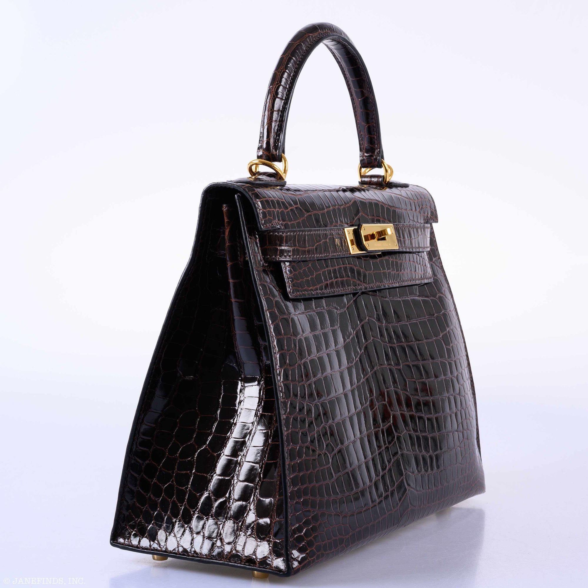 Hermès Kelly 28 Sellier Marron Foncé Shiny Porosus Crocodile Gold Hardware