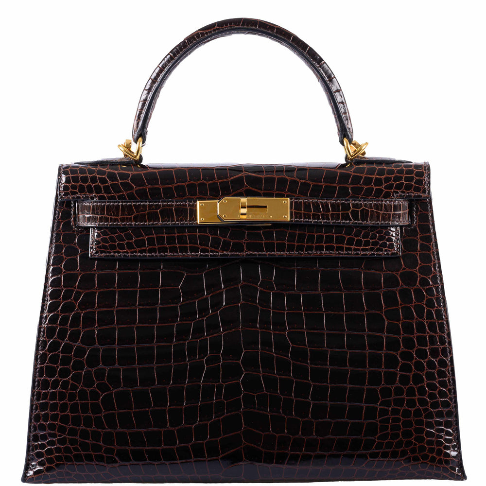 Hermès Kelly 28 Sellier Marron Foncé Shiny Porosus Crocodile Gold Hardware