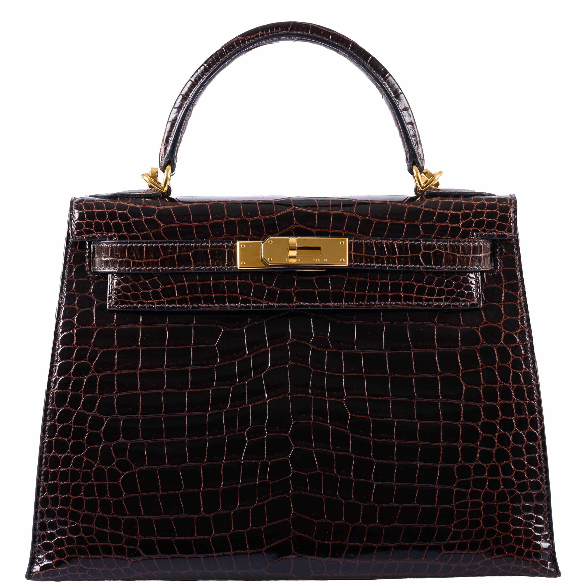 Hermès Kelly 28 Sellier Marron Foncé Shiny Porosus Crocodile Gold Hardware
