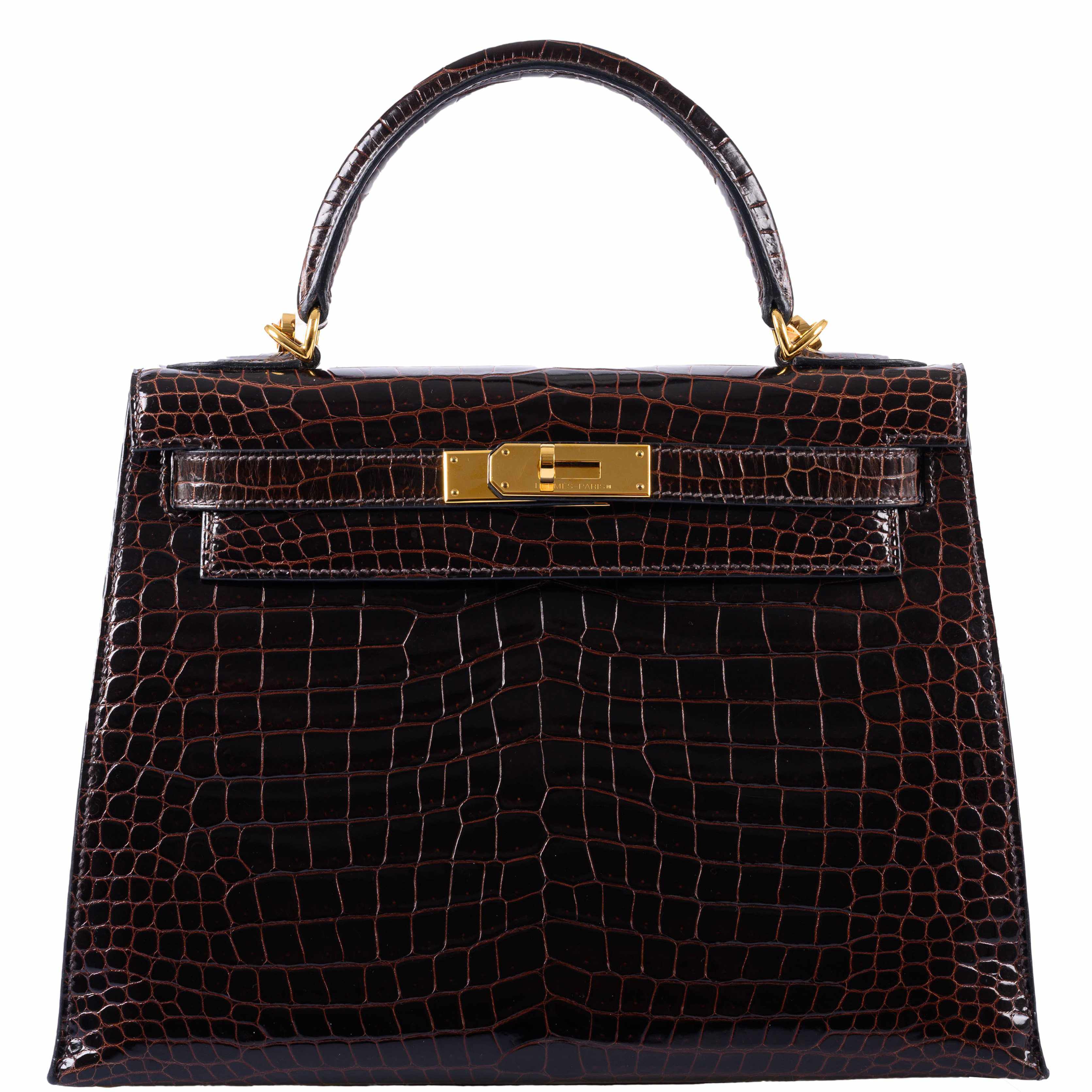 Hermès Kelly 28 Sellier Marron Foncé Shiny Porosus Crocodile Gold Hardware
