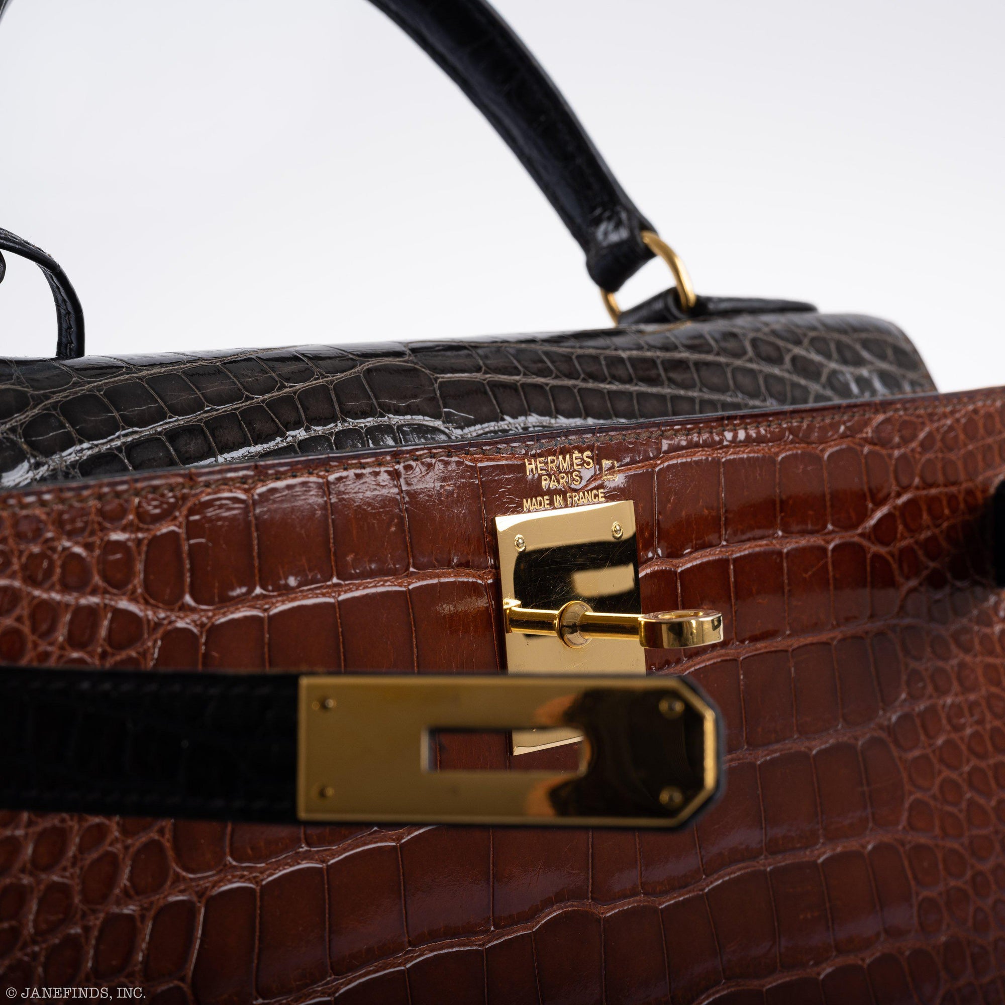 Hermès Kelly 28 Sellier Miel, Graphite & Black Alligator with Gold Hardware