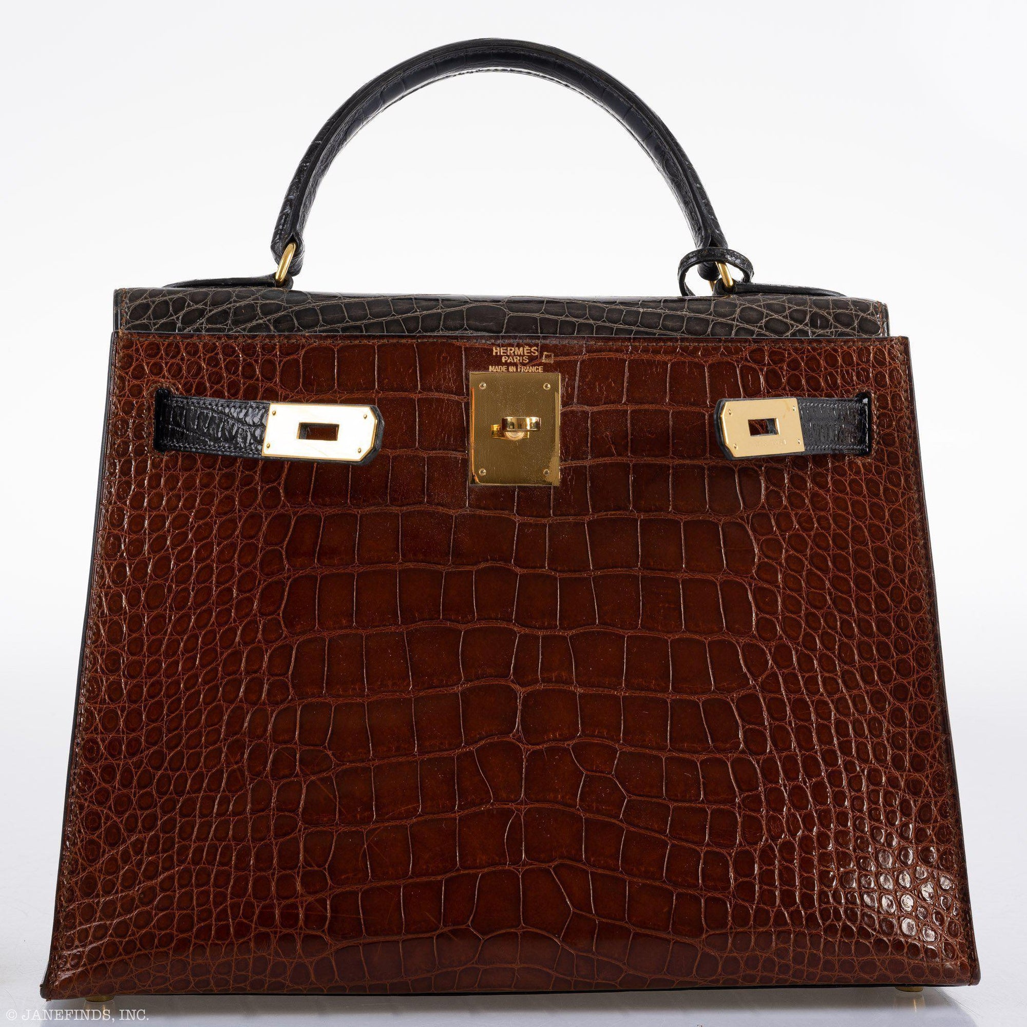 Hermès Kelly 28 Sellier Miel, Graphite & Black Alligator with Gold Hardware