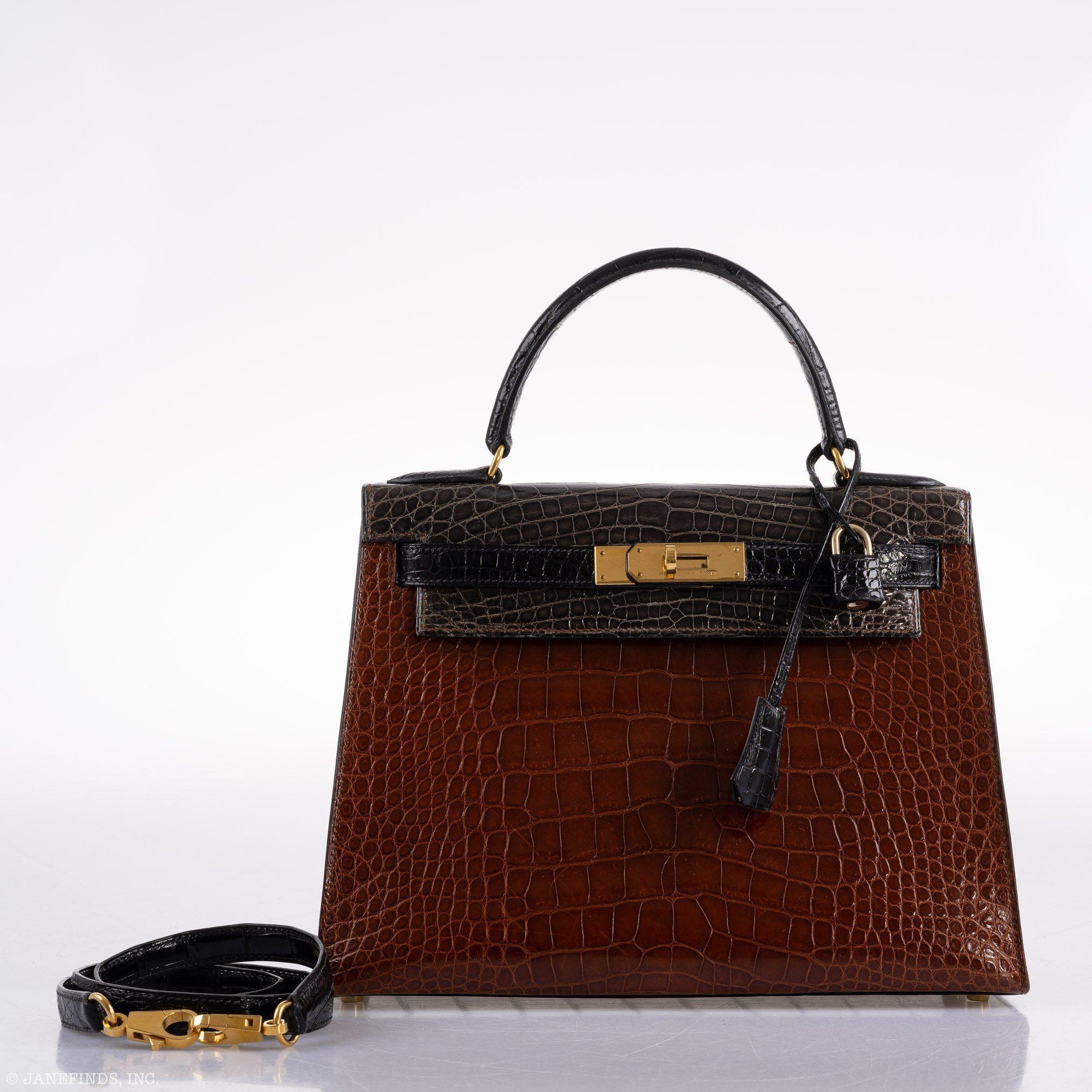 Hermès Kelly 28 Sellier Miel, Graphite & Black Alligator with Gold Hardware