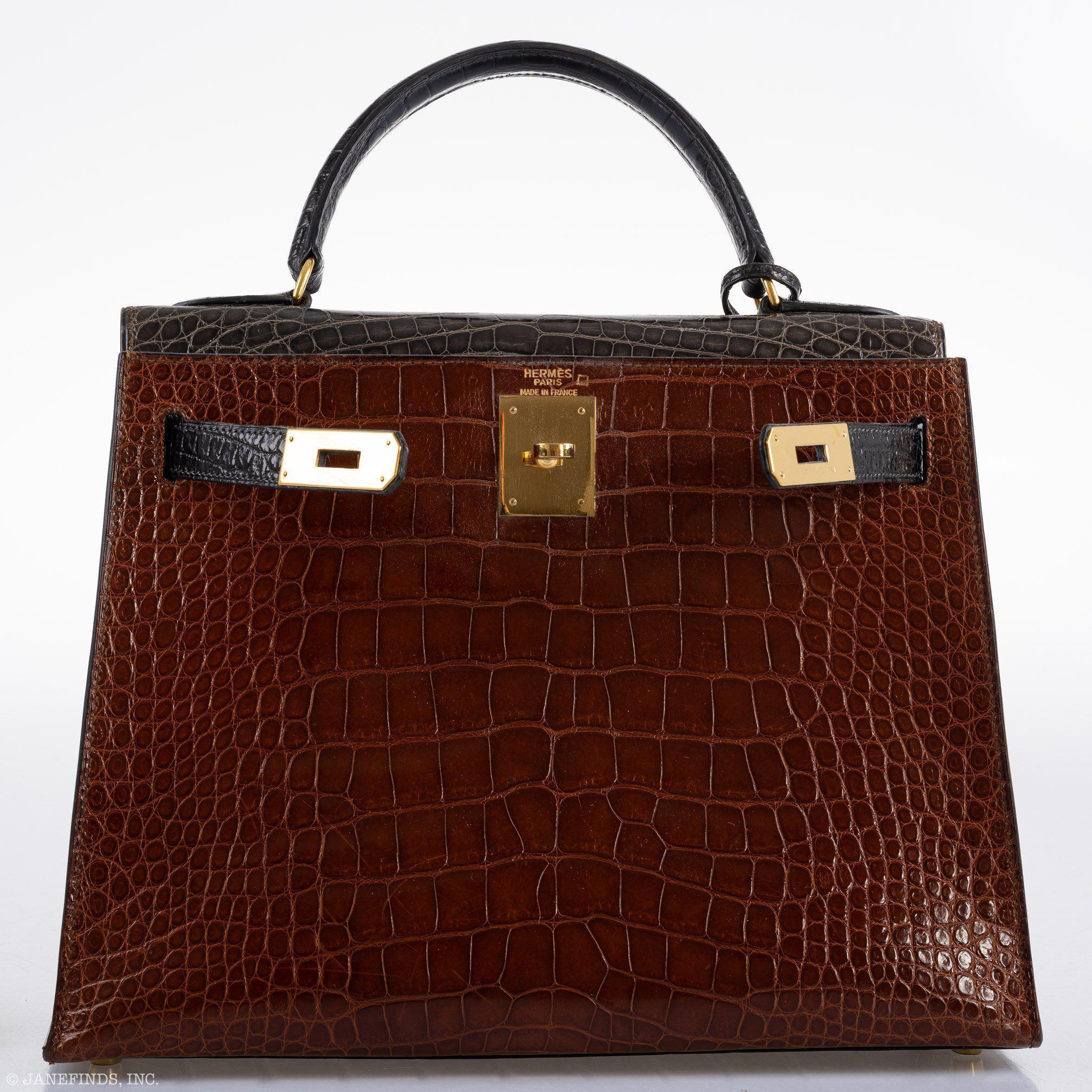 Hermès Kelly 28 Sellier Miel, Graphite & Black Alligator with Gold Hardware - 1995, Y Circle