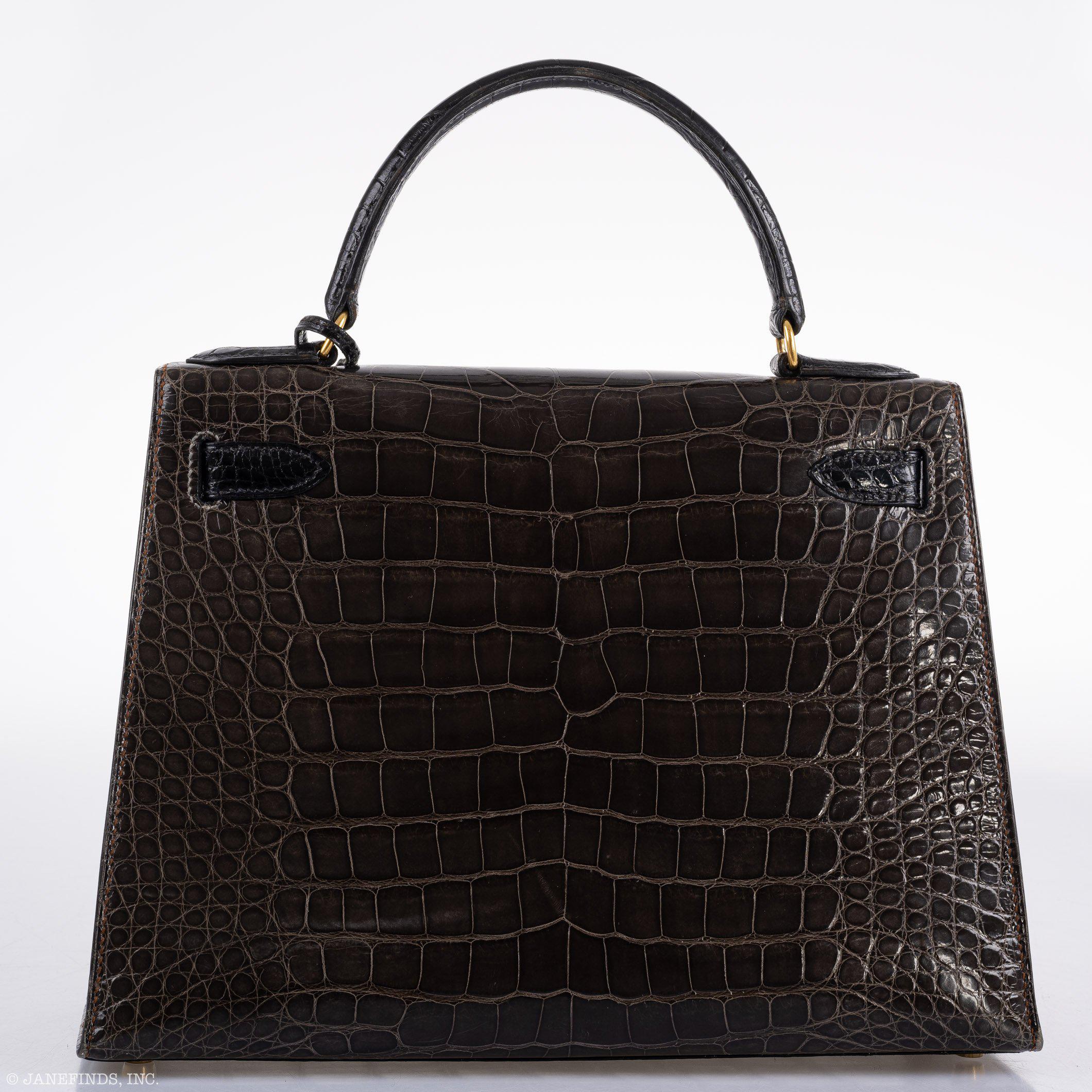 Hermès Kelly 28 Sellier Miel, Graphite & Black Alligator with Gold Hardware - 1995, Y Circle