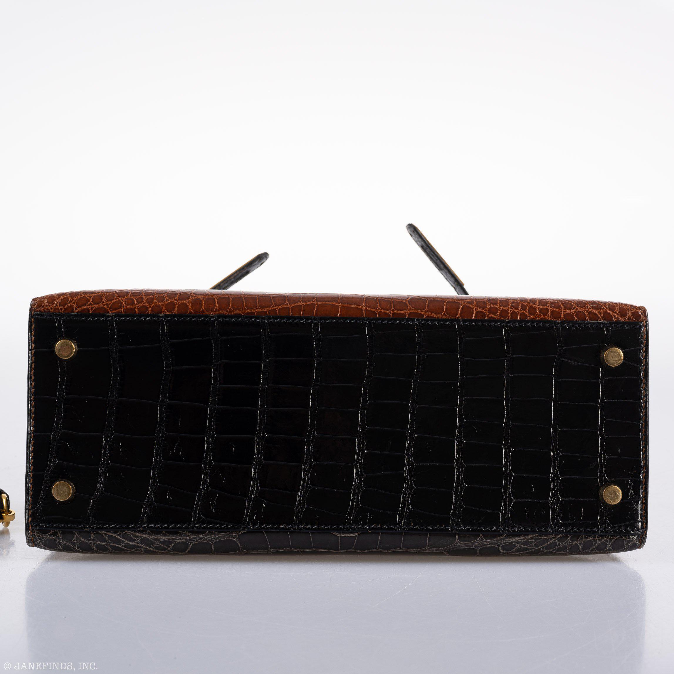 Hermès Kelly 28 Sellier Miel, Graphite & Black Alligator with Gold Hardware - 1995, Y Circle