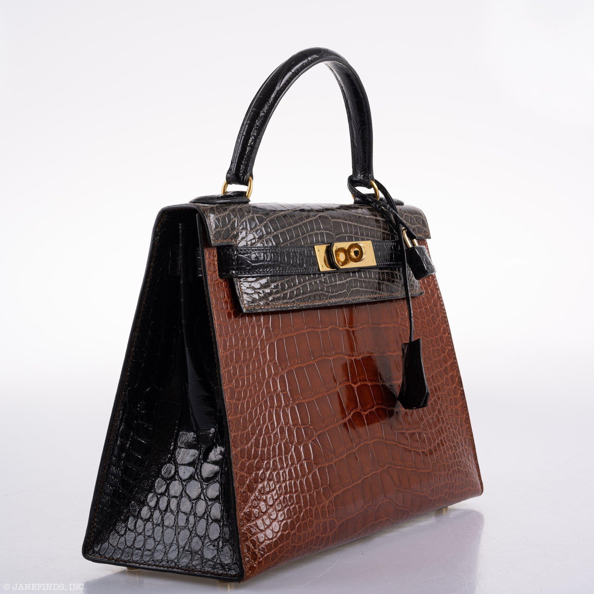 Hermès Kelly 28 Sellier Miel, Graphite & Black Alligator with Gold Hardware
