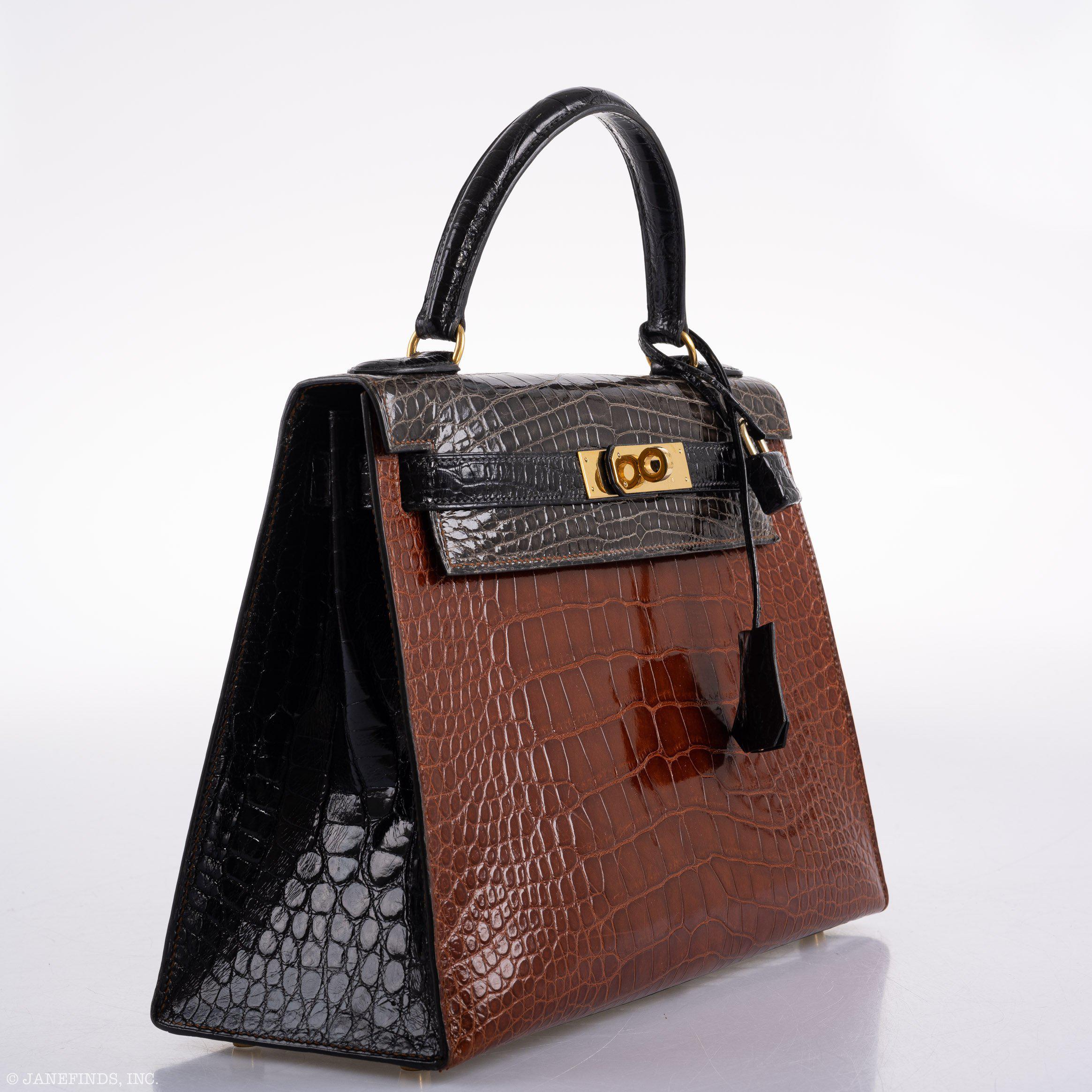 Hermès Kelly 28 Sellier Miel, Graphite & Black Alligator with Gold Hardware