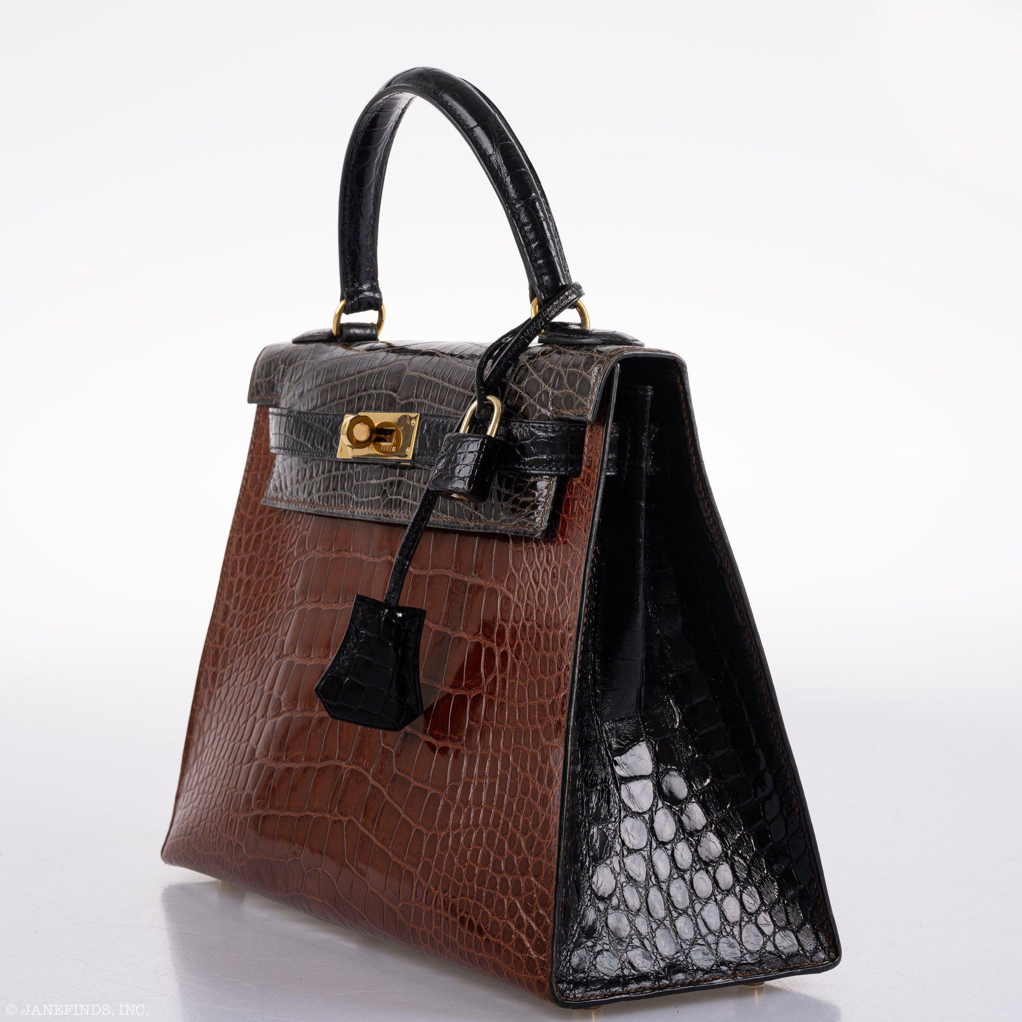 Hermès Kelly 28 Sellier Miel, Graphite & Black Alligator with Gold Hardware