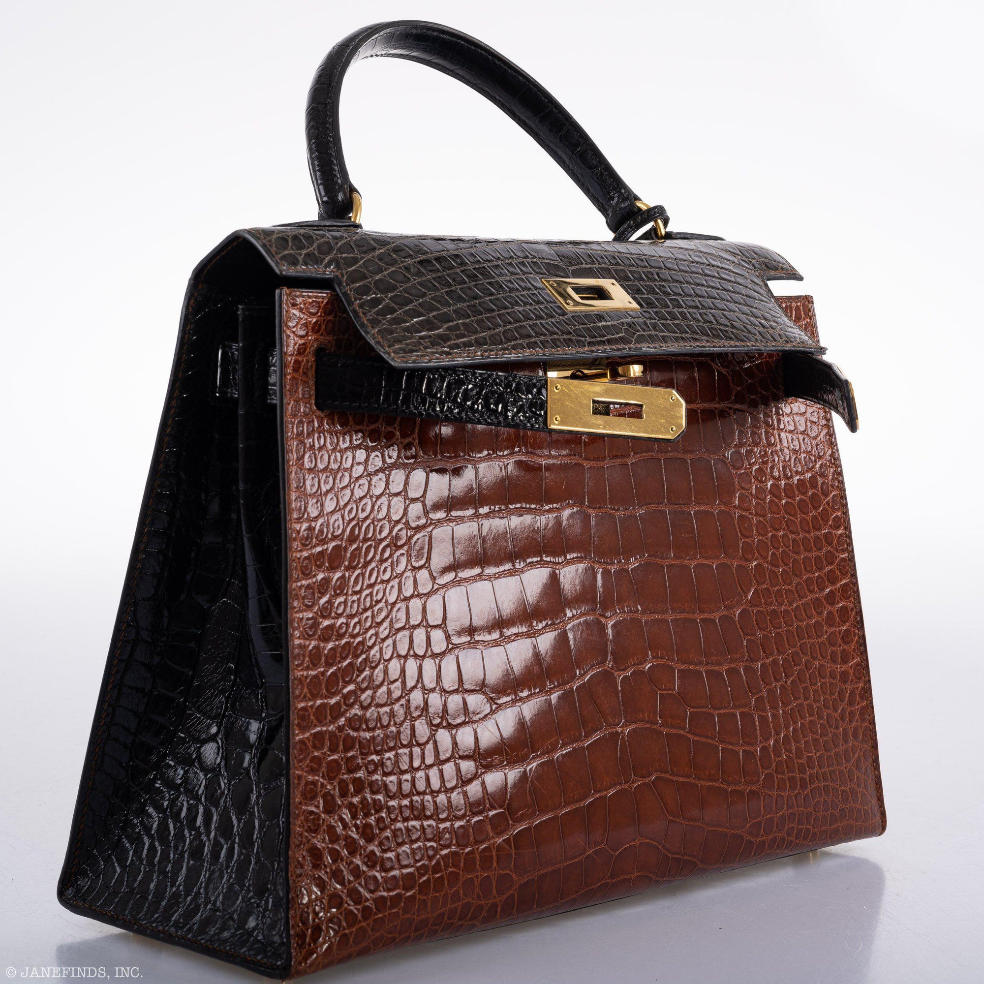 Hermès Kelly 28 Sellier Miel, Graphite & Black Alligator with Gold Hardware