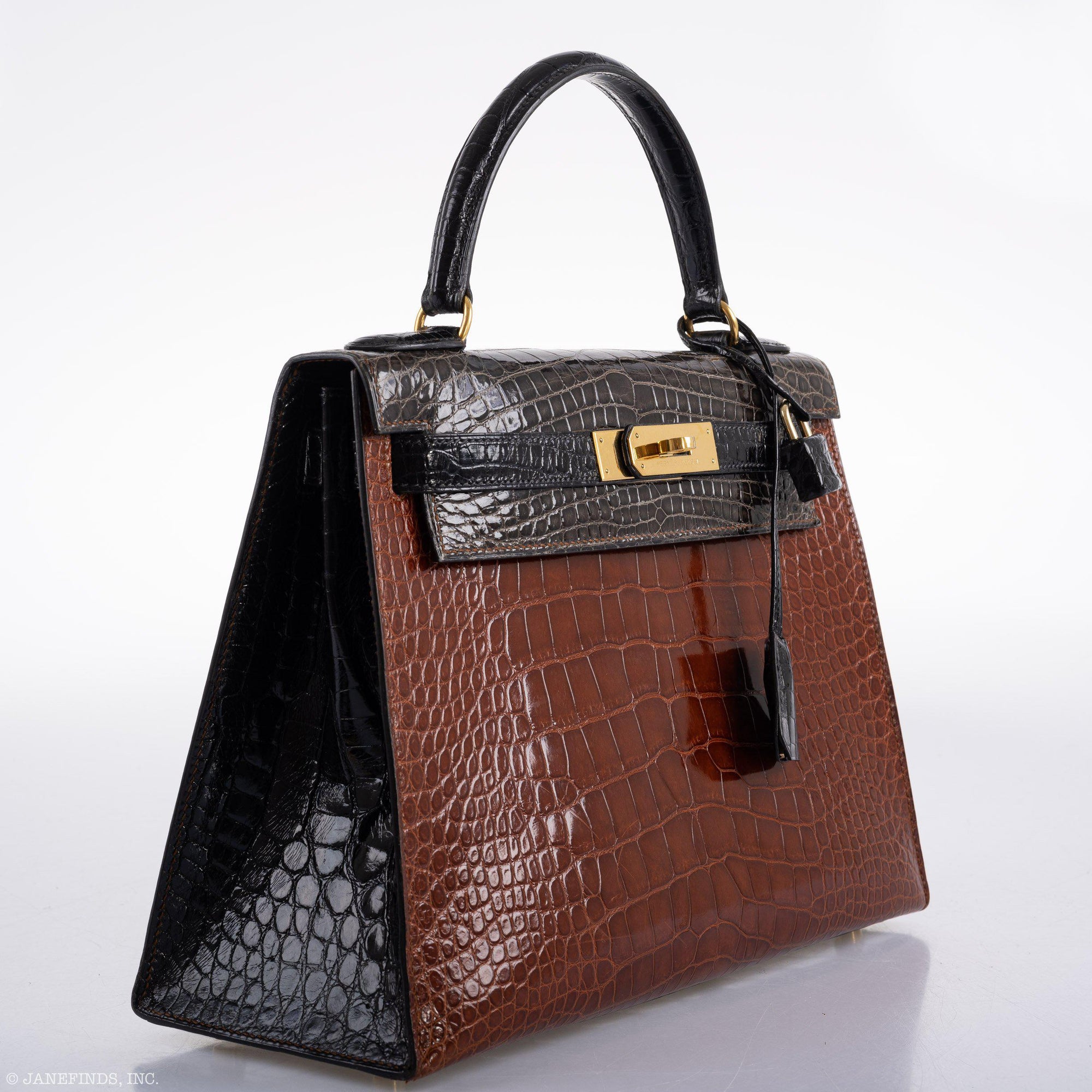 Hermès Kelly 28 Sellier Miel, Graphite & Black Alligator with Gold Hardware