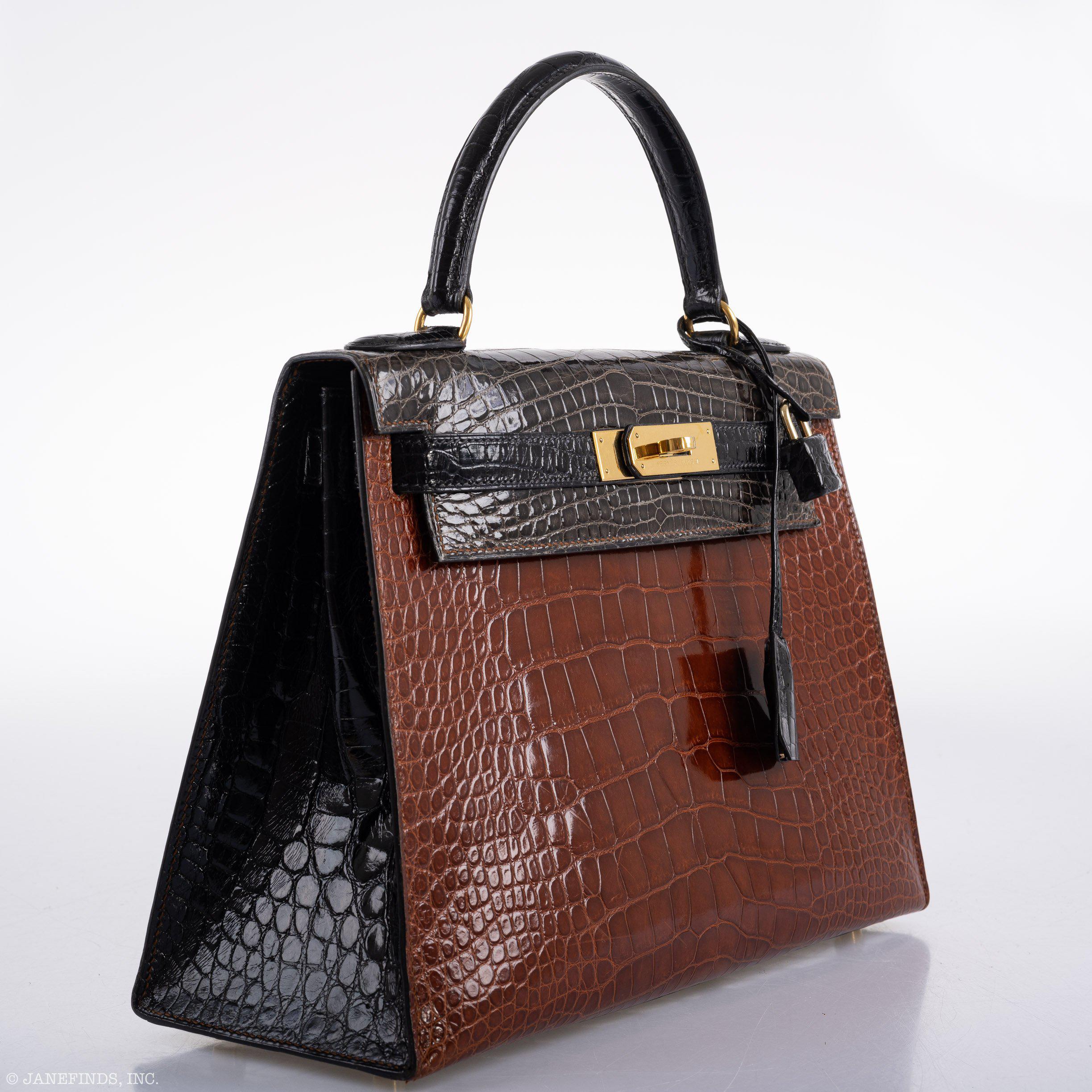 Hermès Kelly 28 Sellier Miel, Graphite & Black Alligator with Gold Hardware