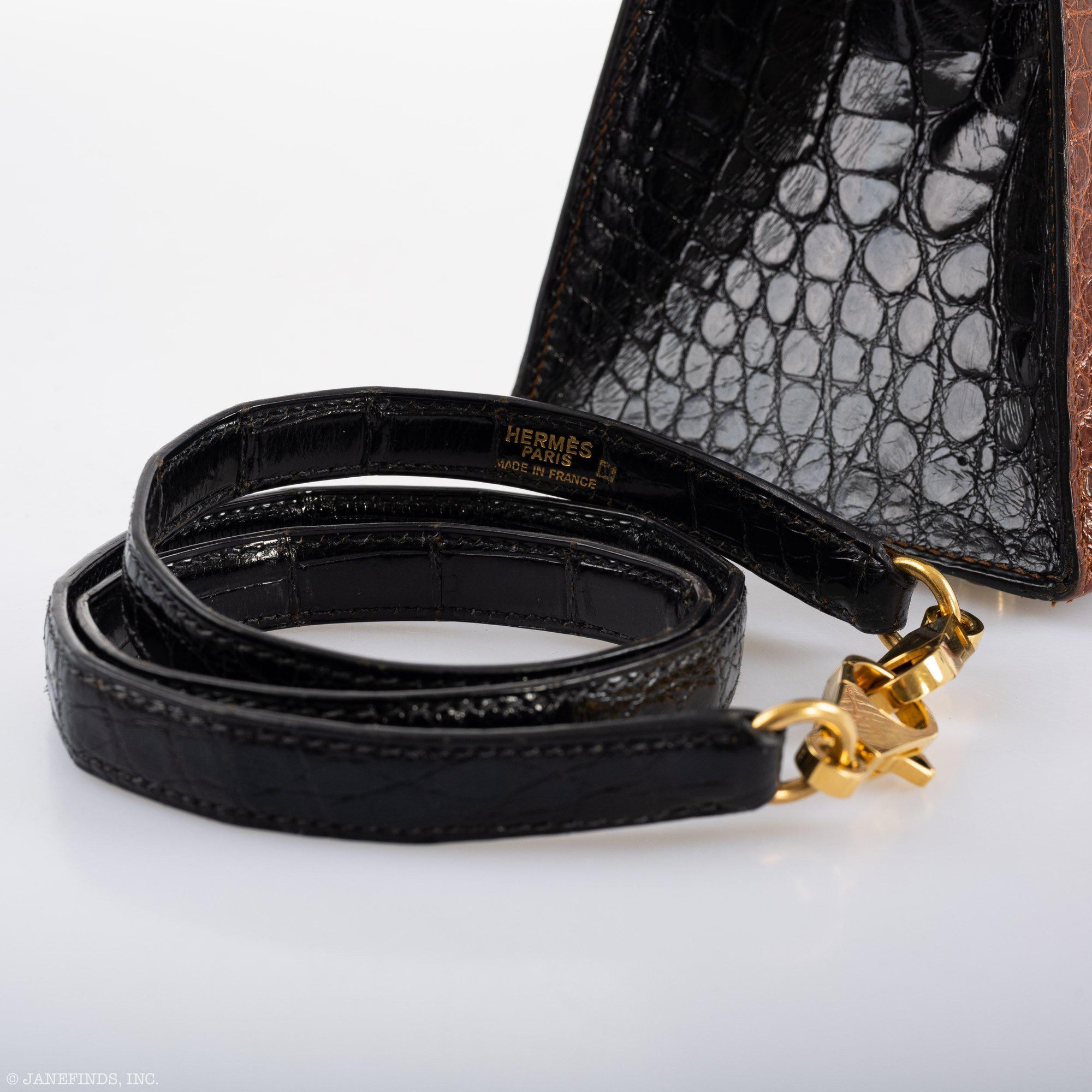 Hermès Kelly 28 Sellier Miel, Graphite & Black Alligator with Gold Hardware