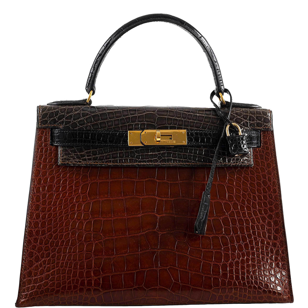 Hermès Kelly 28 Sellier Miel, Graphite & Black Alligator with Gold Hardware
