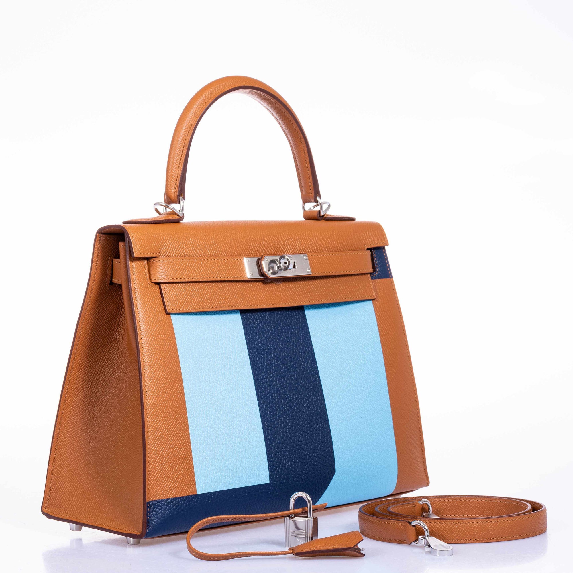 Hermès Kelly 28 Sellier Resort Gold/Bleu Celeste/Bleu Indigo Epsom/Mysore/Clemence Palladium Hardware