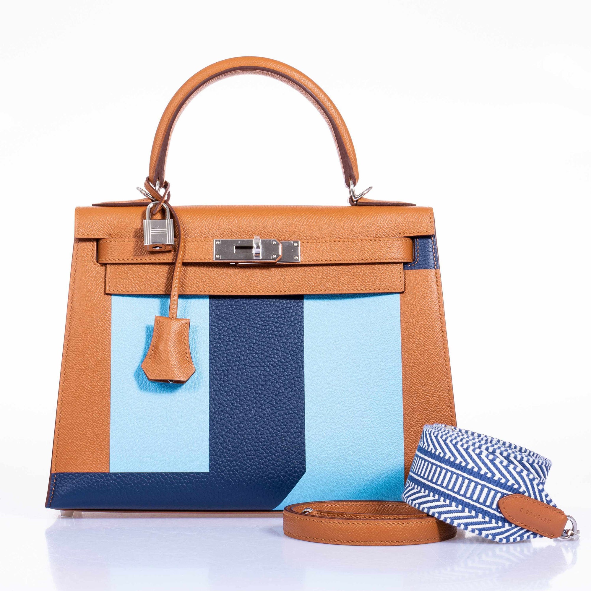 Hermès Kelly 28 Sellier Resort Gold/Bleu Celeste/Bleu Indigo Epsom/Mysore/Clemence Palladium Hardware