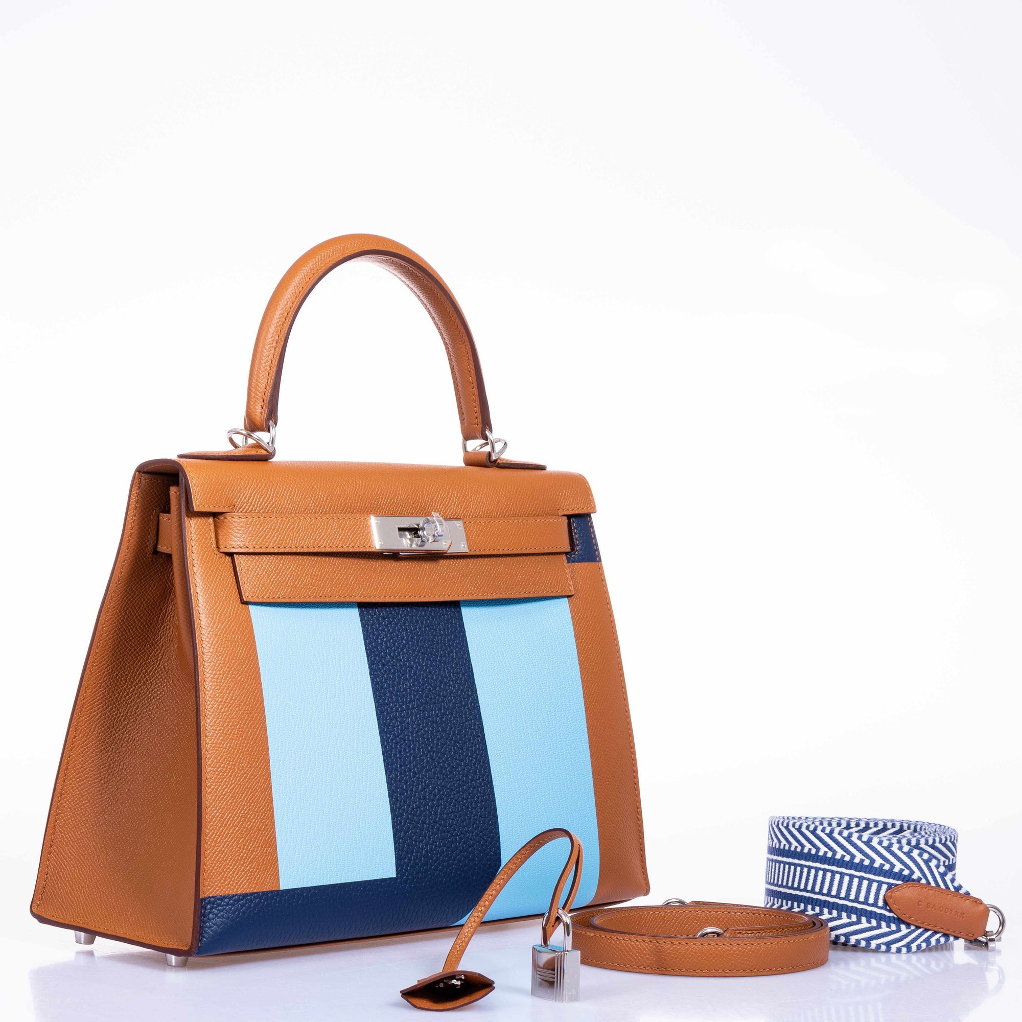 Hermès Kelly 28 Sellier Resort Gold/Bleu Celeste/Bleu Indigo Epsom/Mysore/Clemence Palladium Hardware
