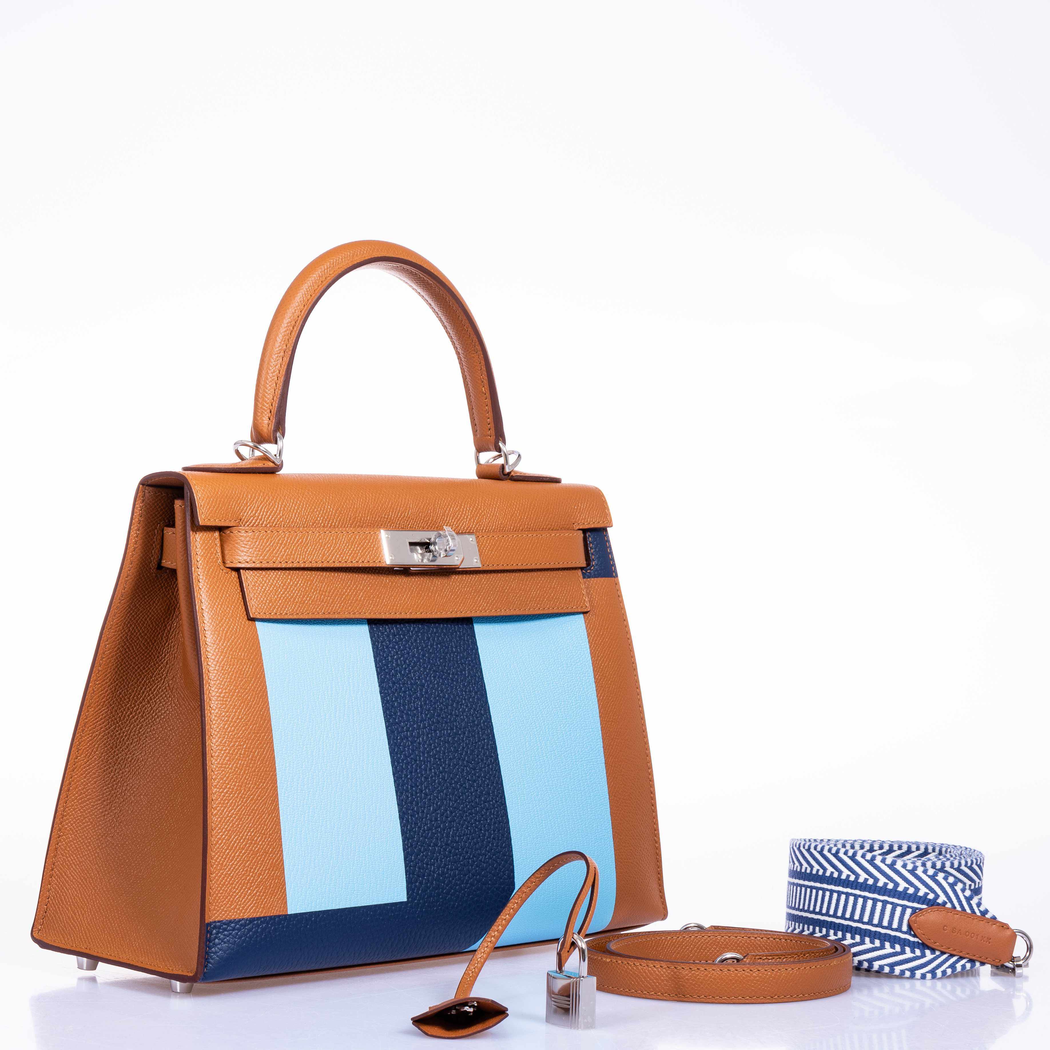Hermès Kelly 28 Sellier Resort Gold/Bleu Celeste/Bleu Indigo Epsom/Mysore/Clemence Palladium Hardware
