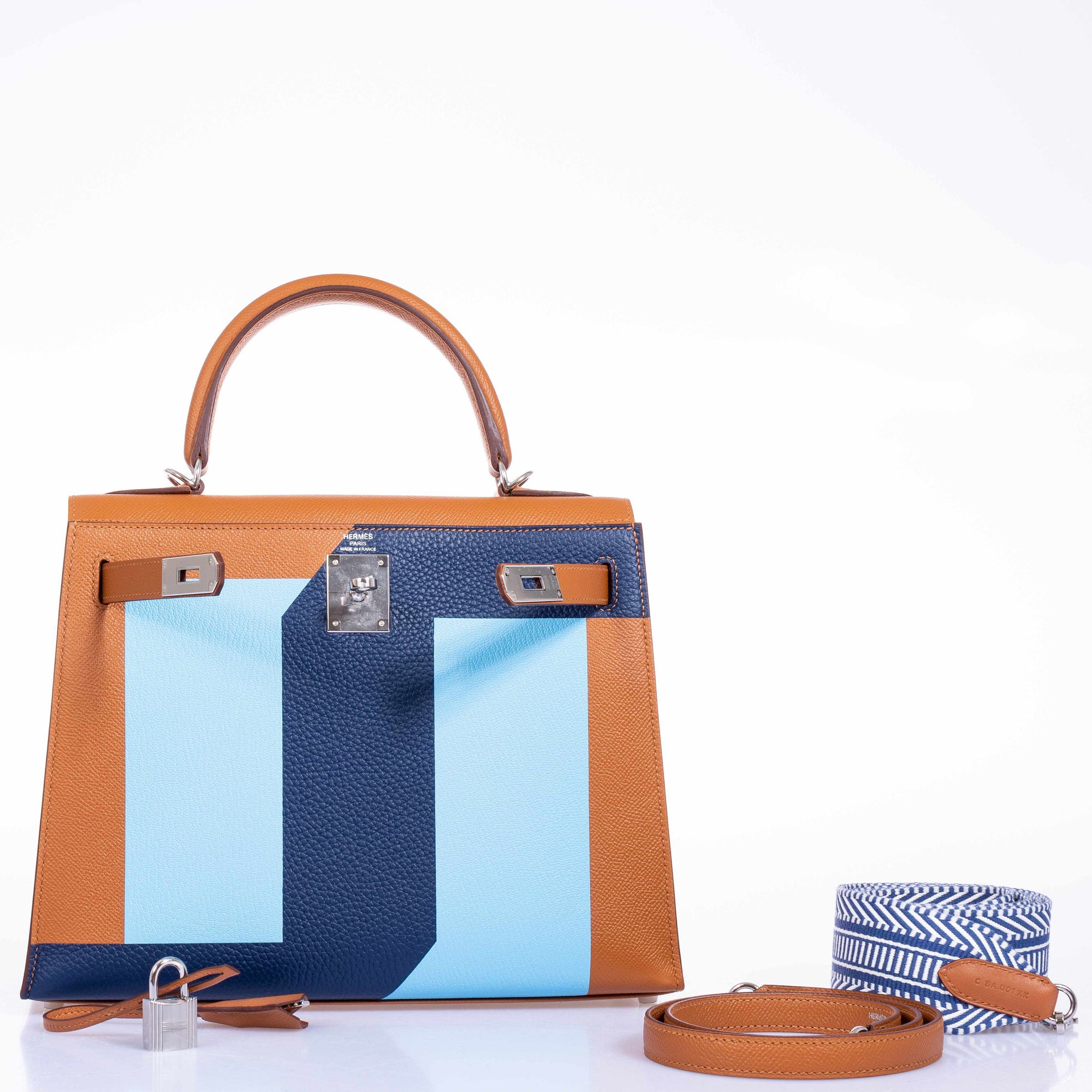 Hermès Kelly 28 Sellier Resort Gold/Bleu Celeste/Bleu Indigo Epsom/Mysore/Clemence Palladium Hardware