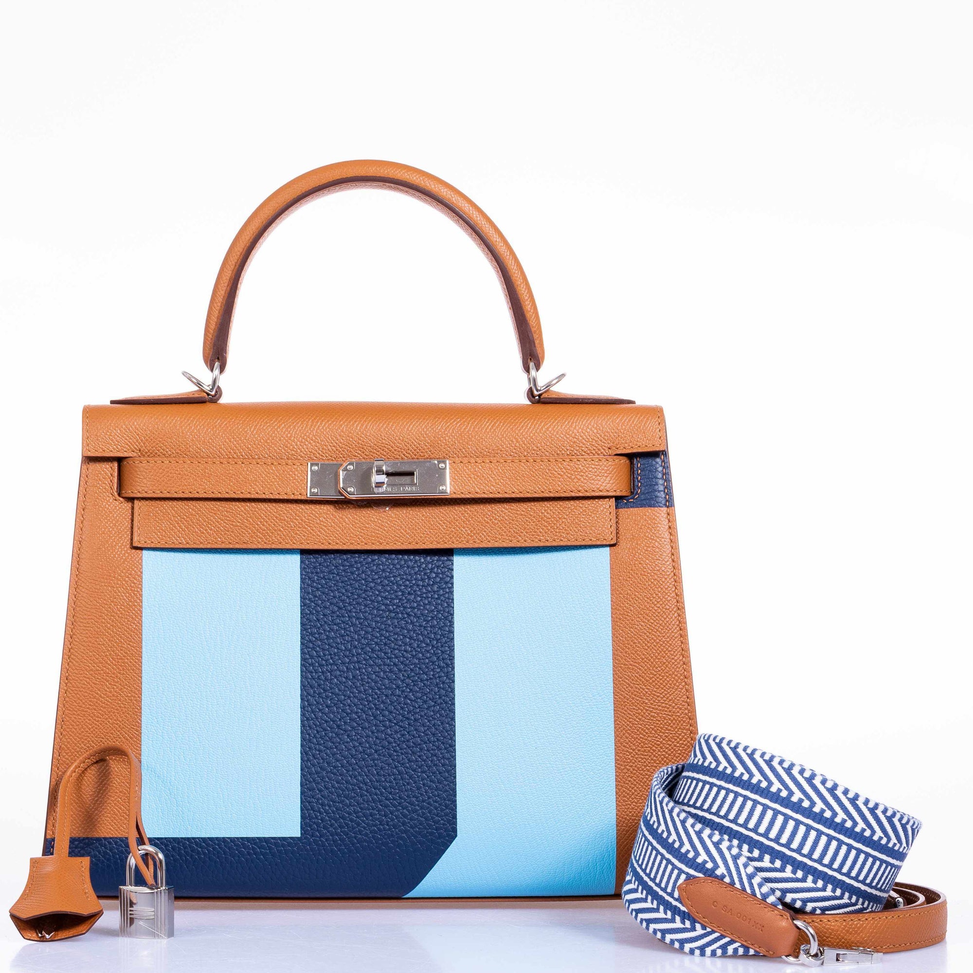 Hermès Kelly 28 Sellier Resort Gold/Bleu Celeste/Bleu Indigo Epsom/Mysore/Clemence Palladium Hardware