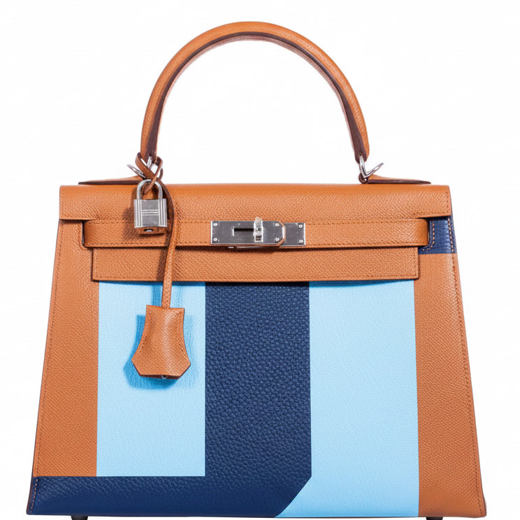 Hermès Kelly 28 Sellier Resort Gold/Bleu Celeste/Bleu Indigo Epsom/Mysore/Clemence Palladium Hardware