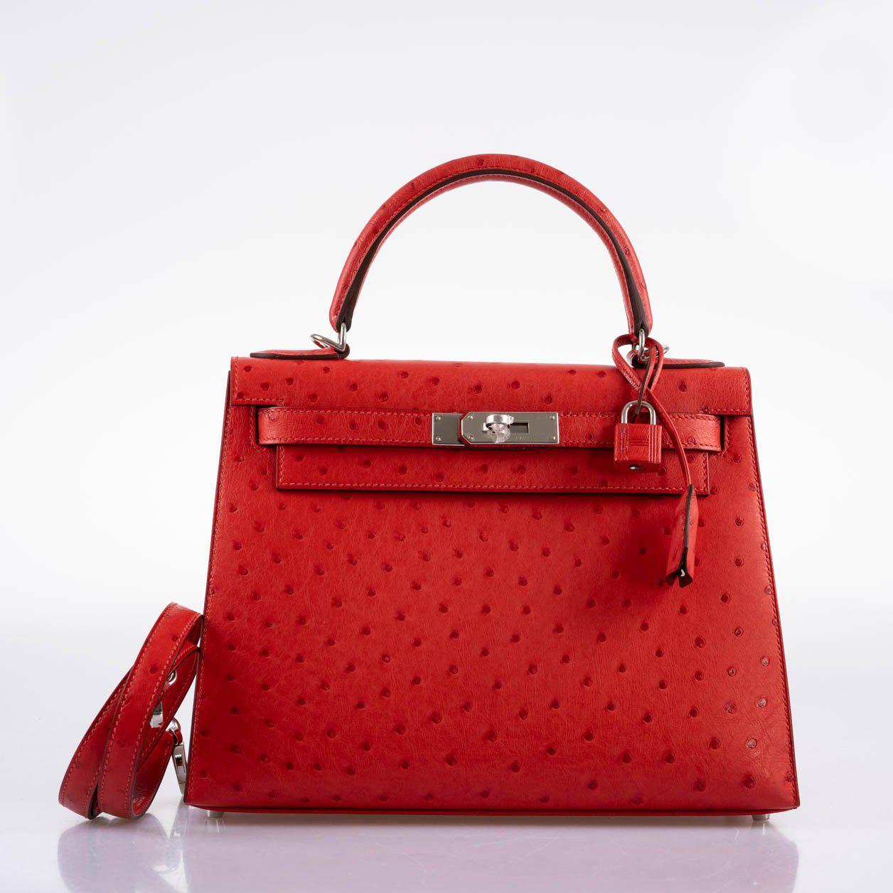 Hermès Kelly 28 Sellier Rouge Vif Ostrich with Palladium Hardware - 2017, A