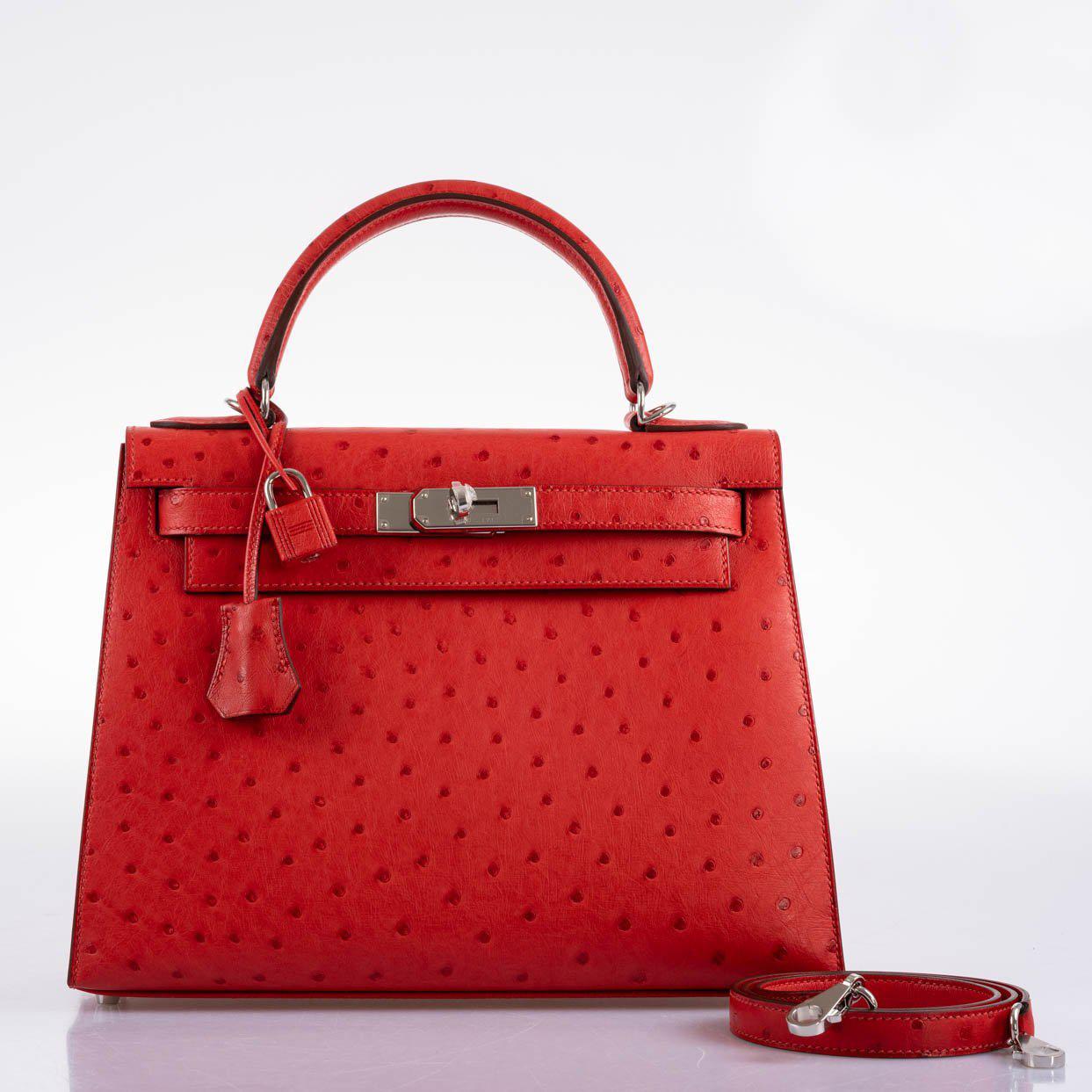 Hermès Kelly 28 Sellier Rouge Vif Ostrich with Palladium Hardware - 2017, A