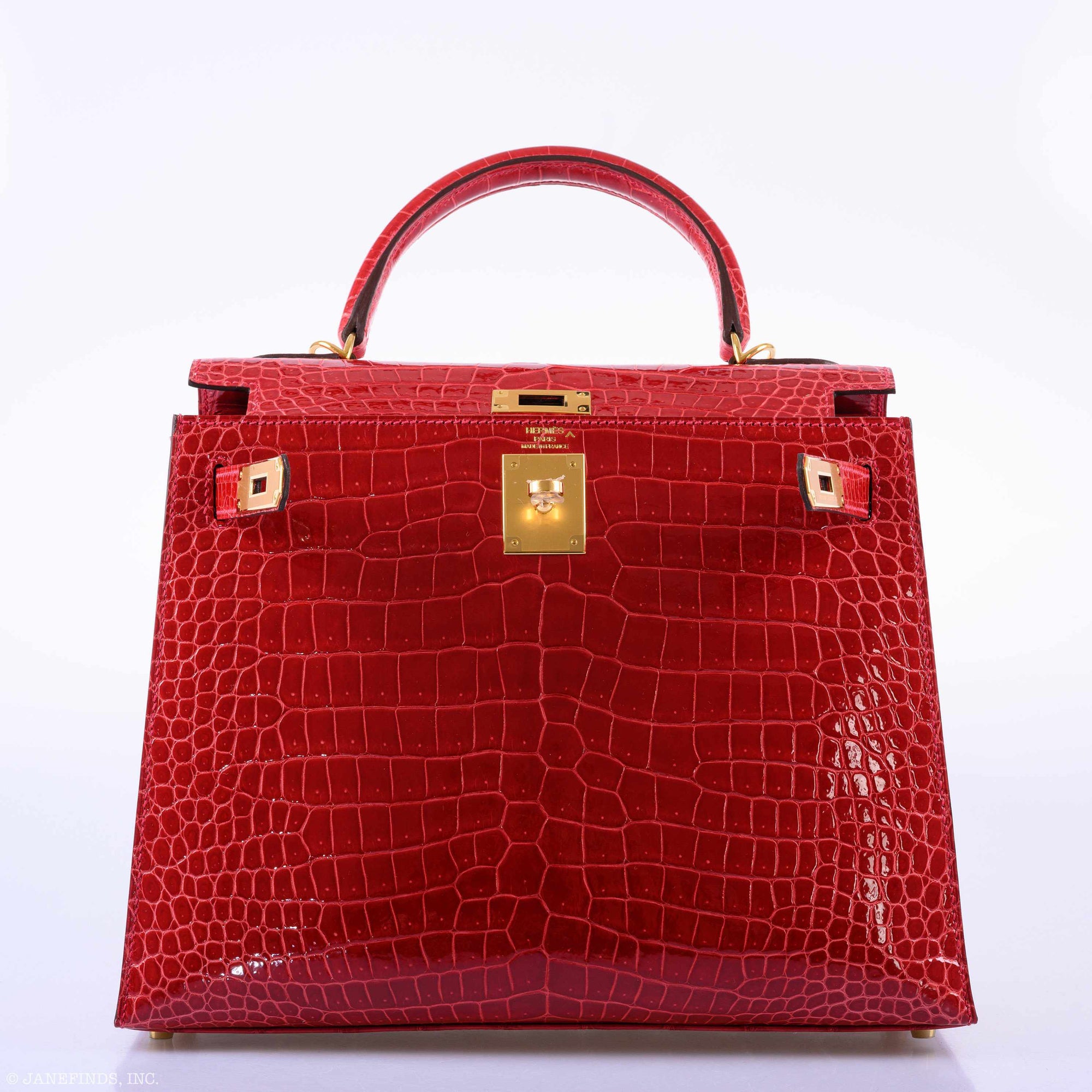 Hermès Kelly 28 Sellier Shiny Braise Porosus Crocodile Gold Hardware