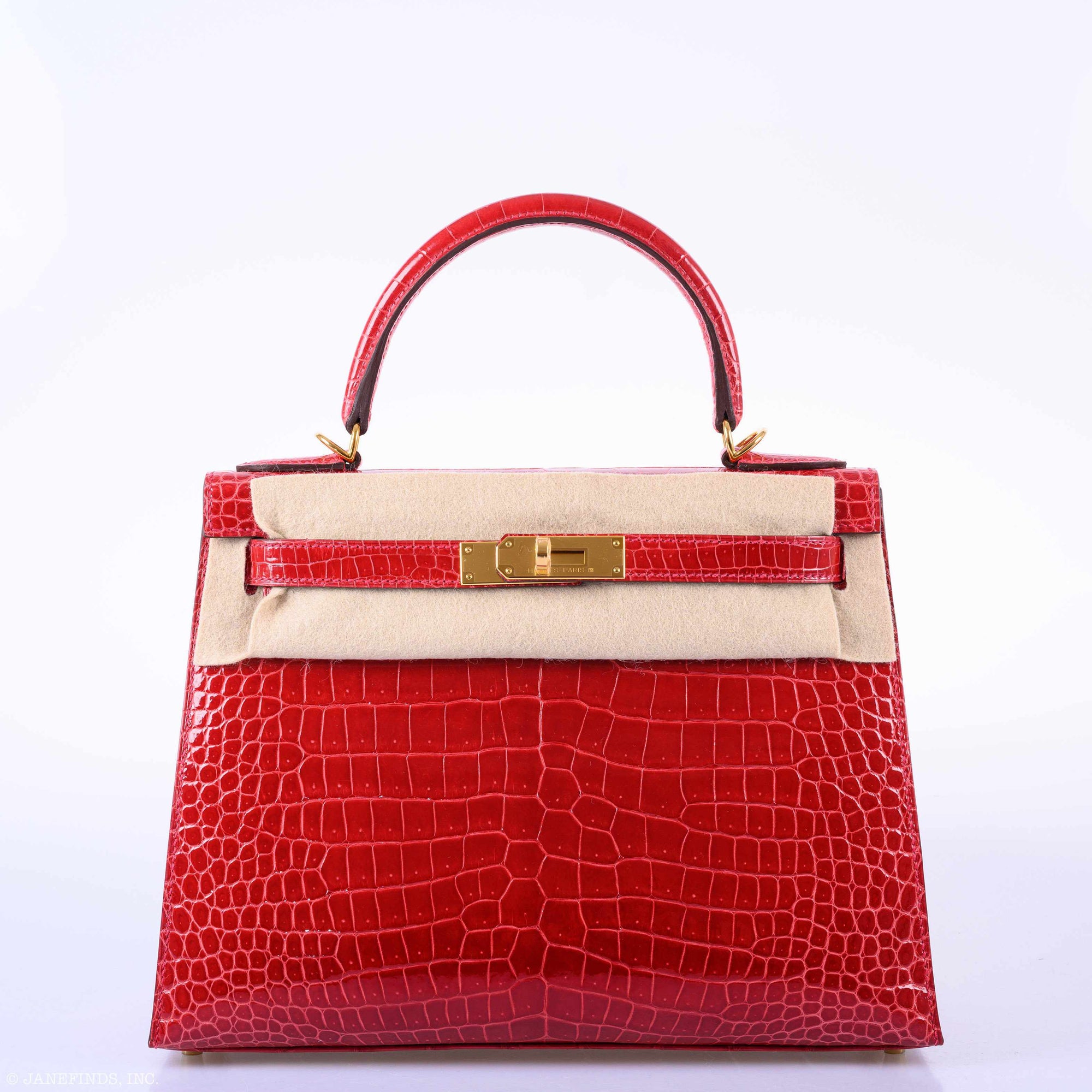 Hermès Kelly 28 Sellier Shiny Braise Porosus Crocodile Gold Hardware