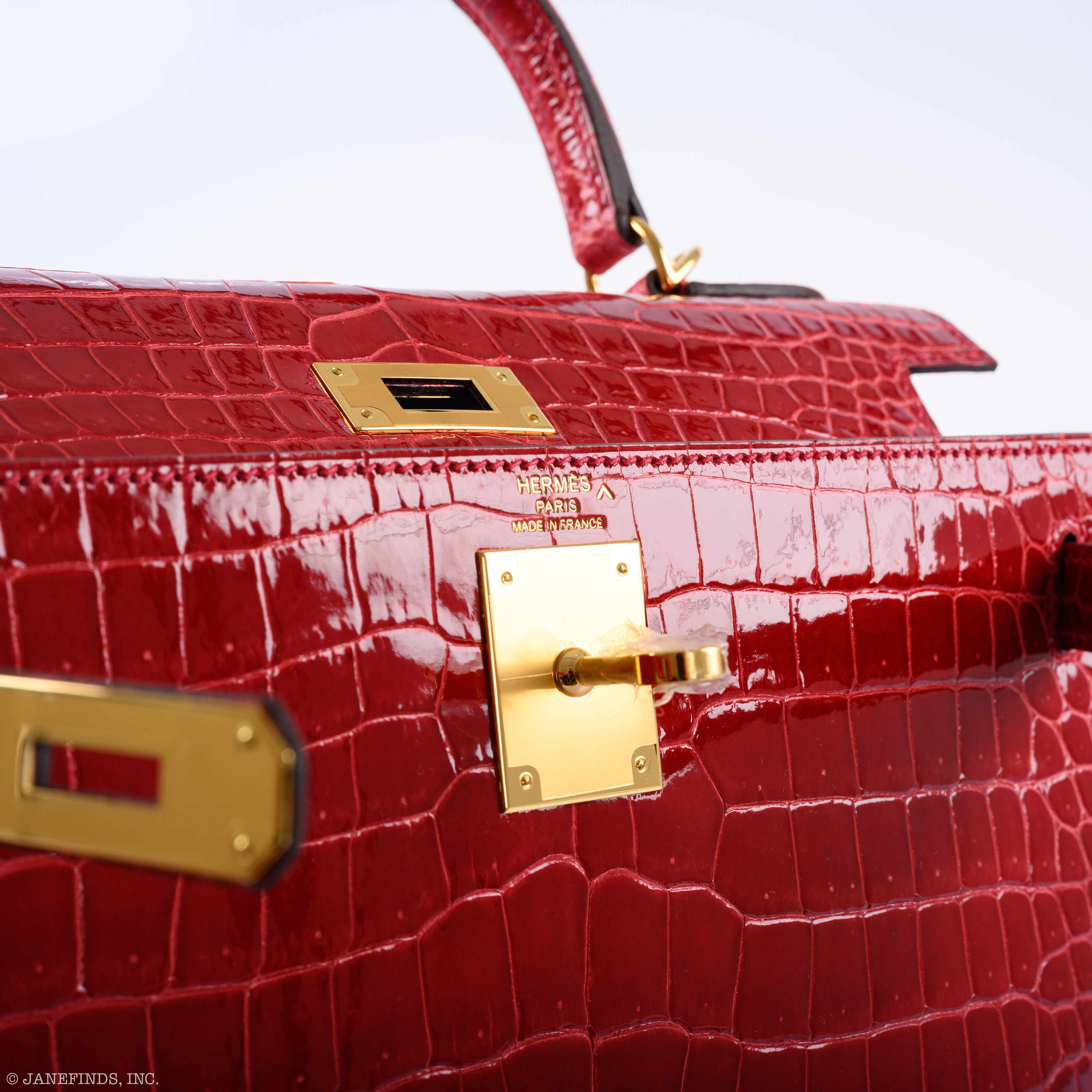 Hermès Kelly 28 Sellier Shiny Braise Porosus Crocodile Gold Hardware