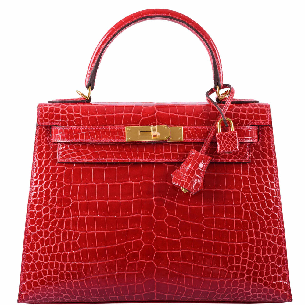 Hermès Kelly 28 Sellier Shiny Braise Porosus Crocodile Gold Hardware