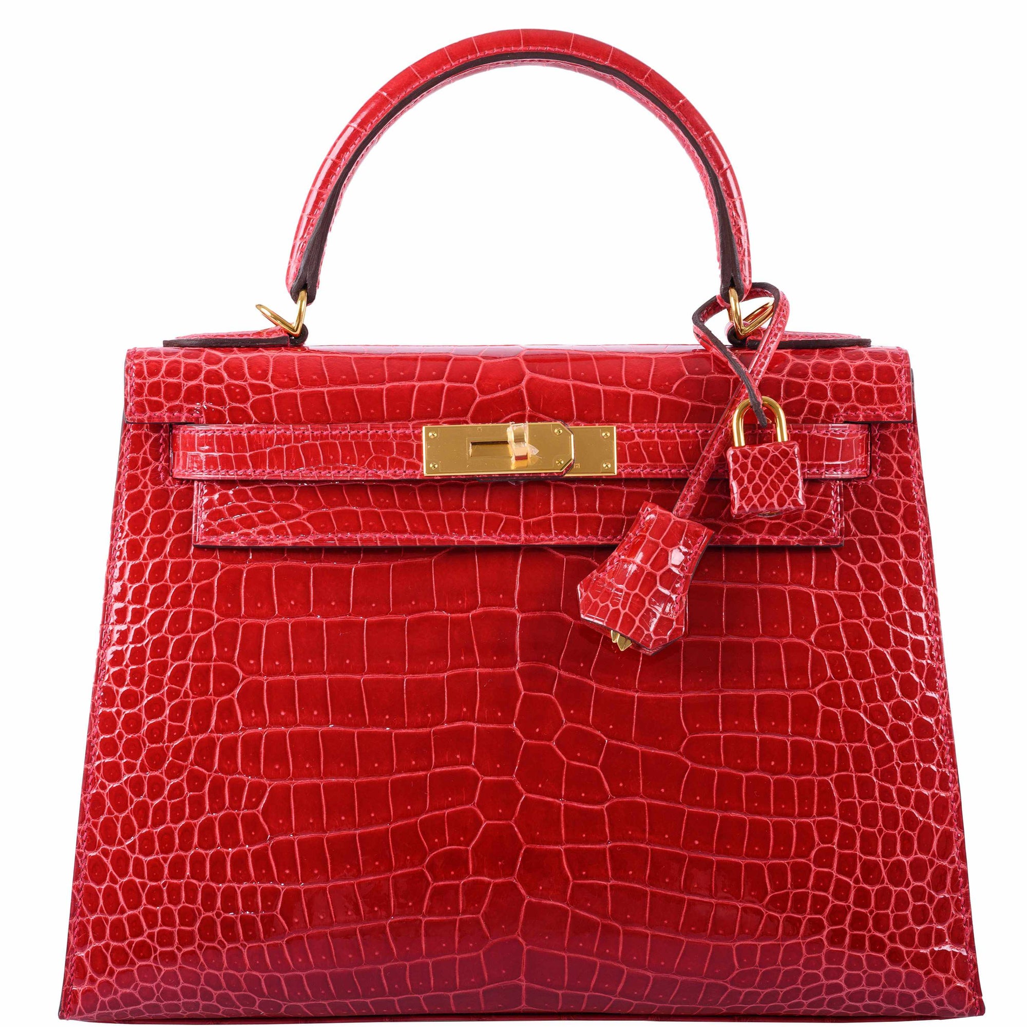 Hermès Kelly 28 Sellier Shiny Braise Porosus Crocodile Gold Hardware