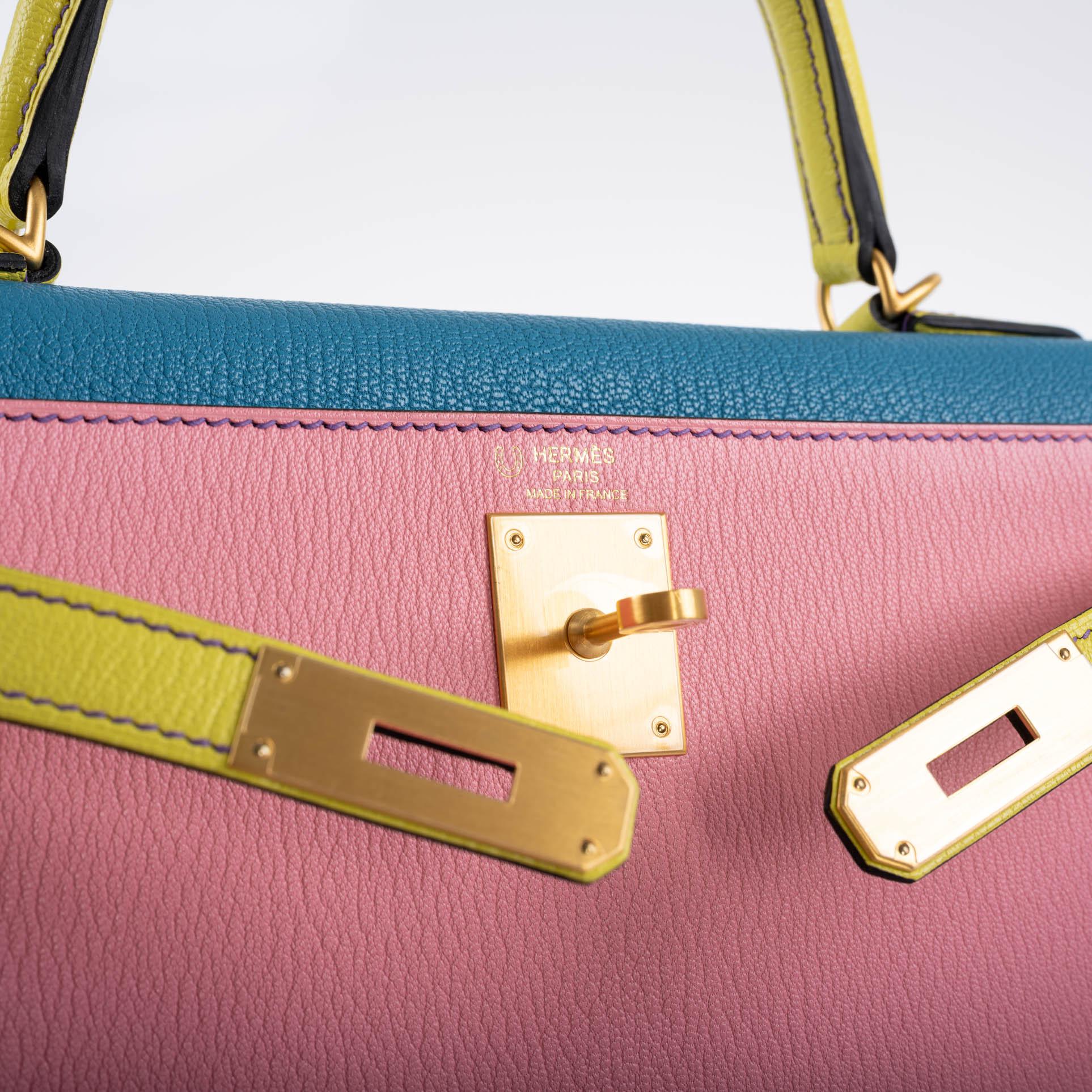 Hermès Kelly 28 Sellier Tri-Color Confetti, Lime & Aztec Chevre with Brushed Gold Hardware - 2019, D