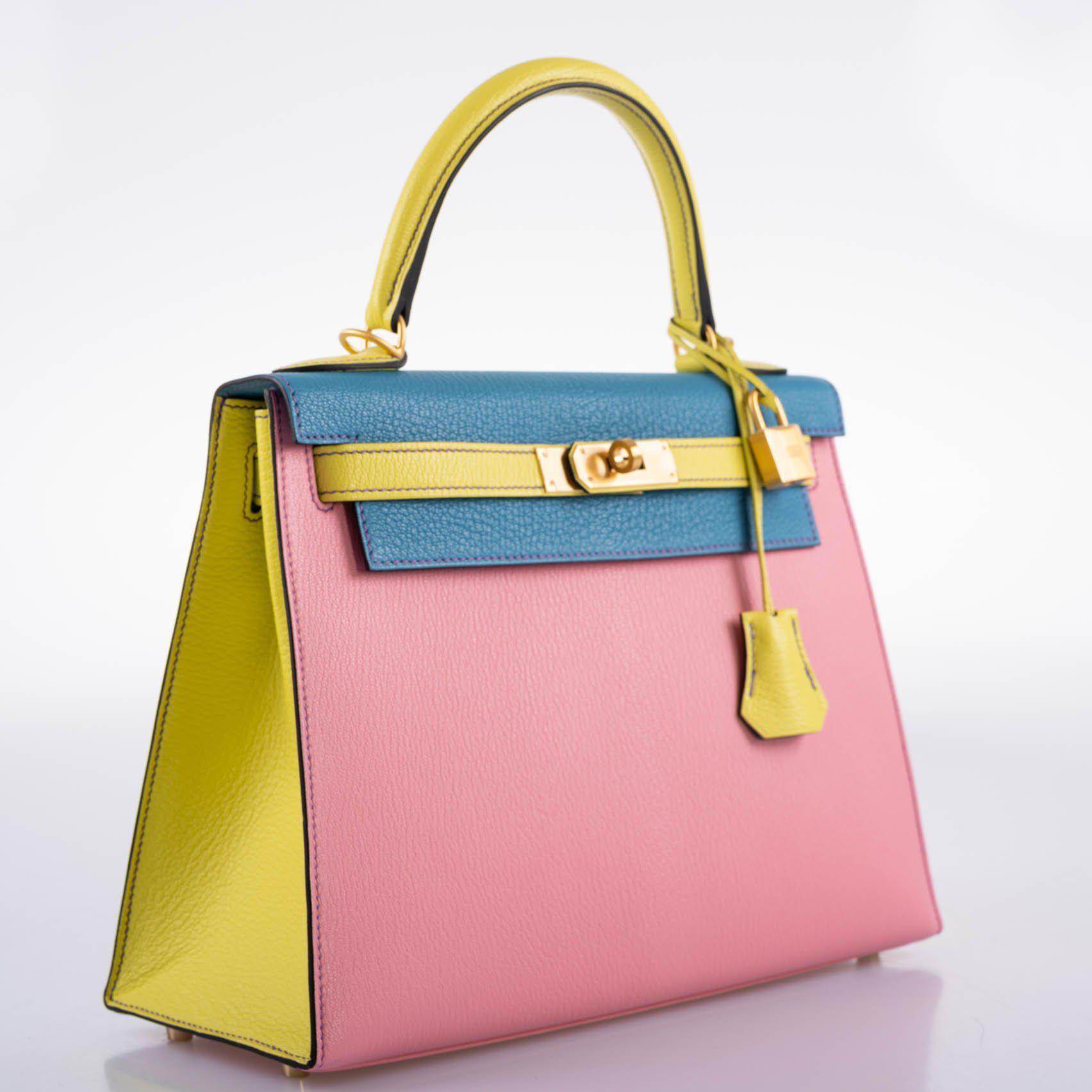 Hermès Kelly 28 Sellier Tri-Color Confetti, Lime & Aztec Chevre with Brushed Gold Hardware - 2019, D