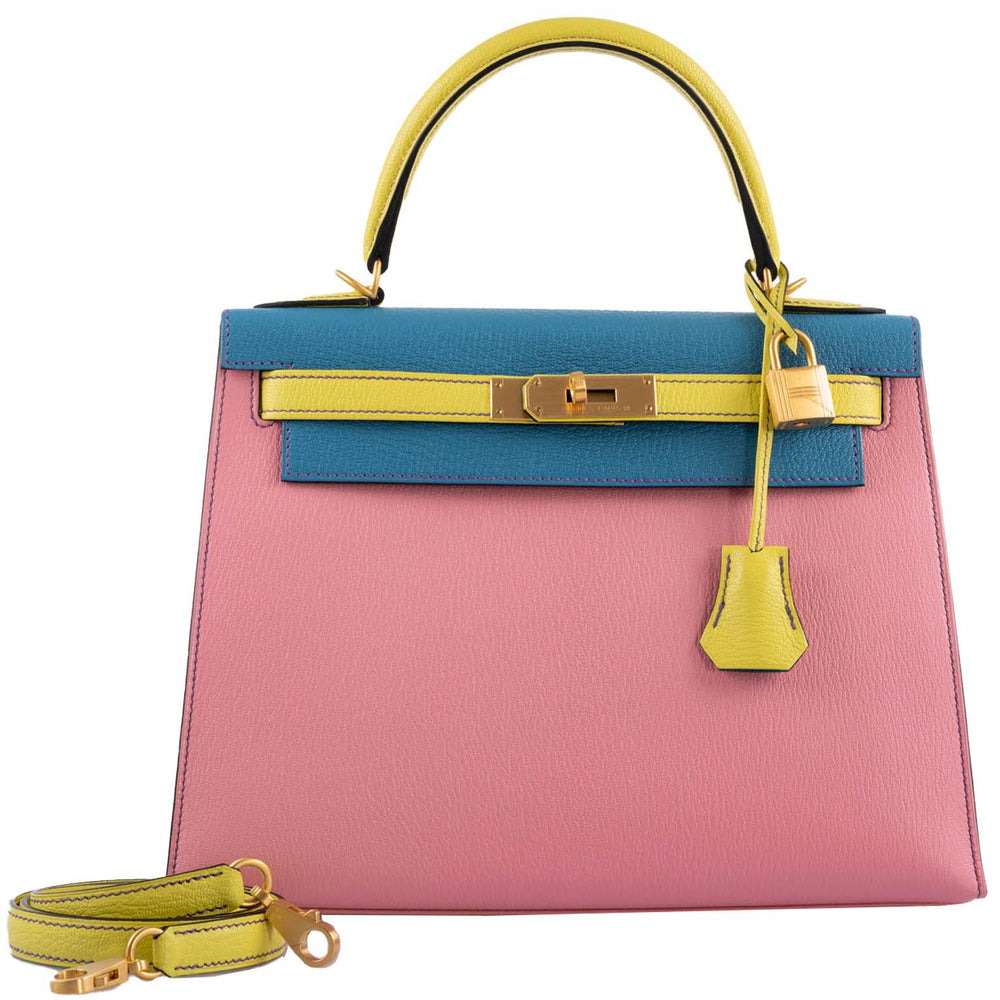 Hermès Kelly 28 Sellier Tri-Color Confetti, Lime & Aztec Chevre with Brushed Gold Hardware