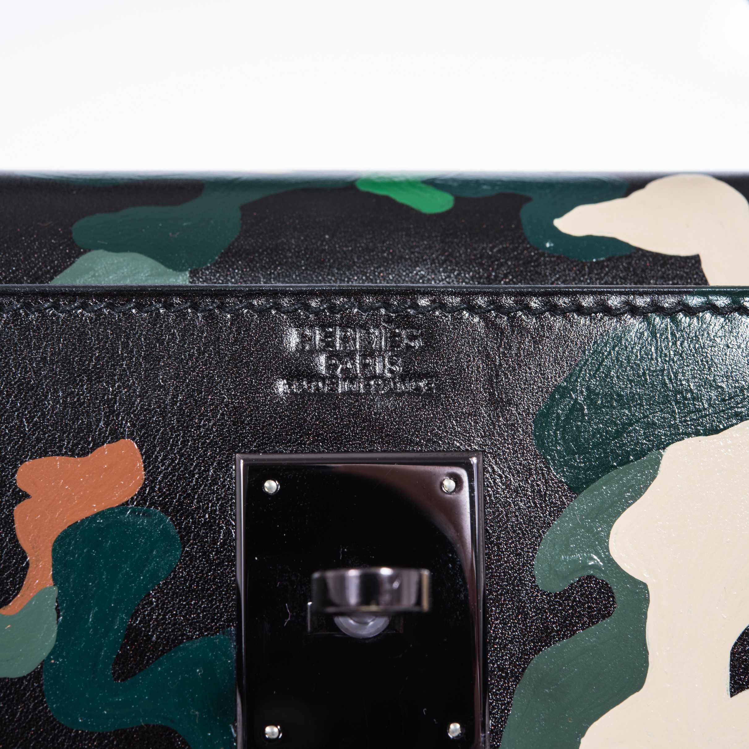 Hermès Kelly 32 Black Box Camouflage Ruthenium Hardware * JaneFinds Custom Shop