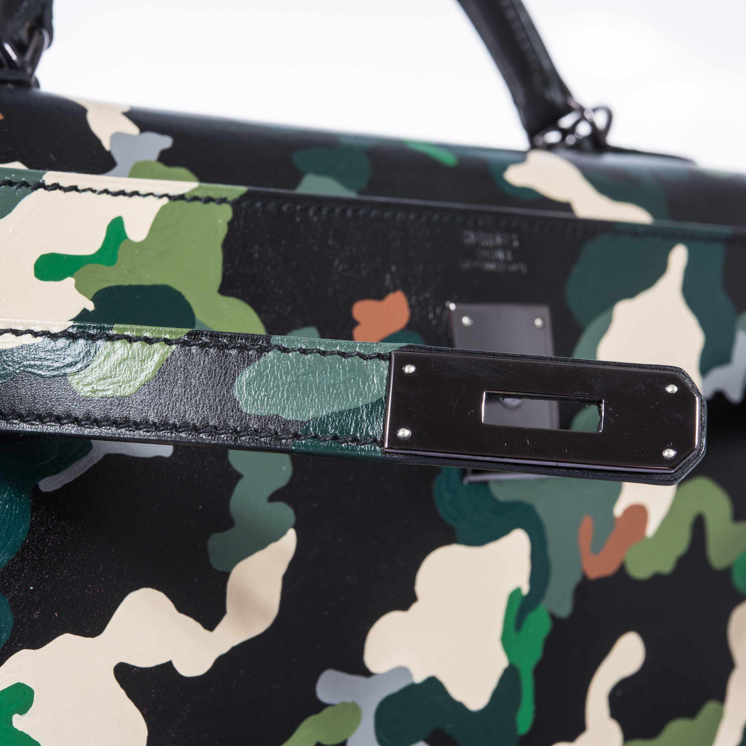 Hermès Kelly 32 Black Box Camouflage Ruthenium Hardware * JaneFinds Custom Shop